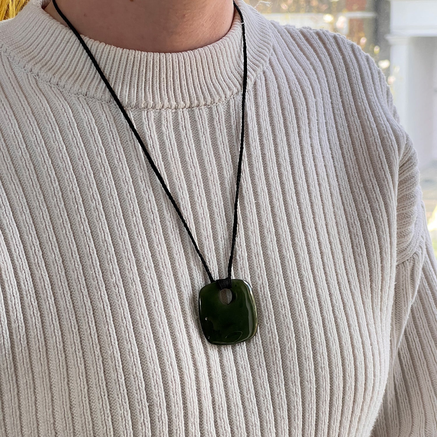 Large Alaskan Jade Square With Jade Beads On Adjustable Cord