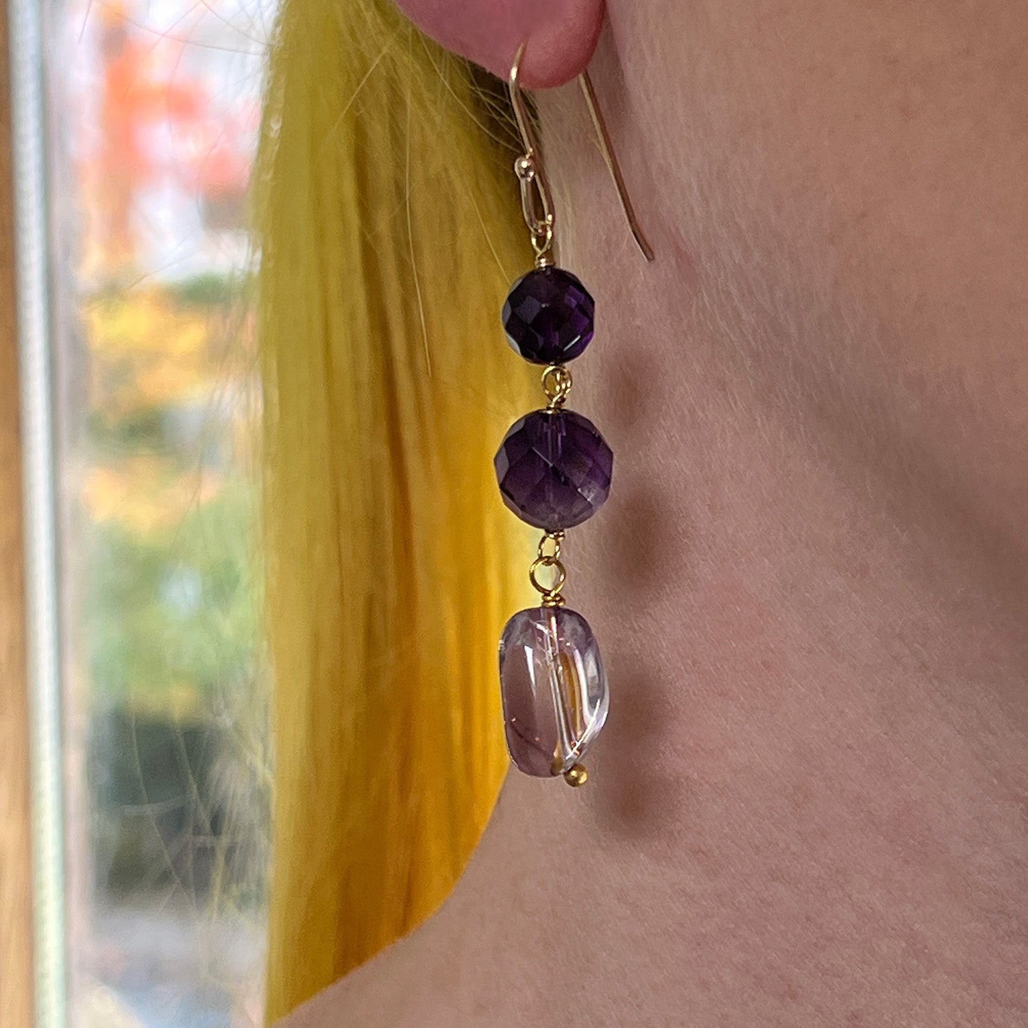 Three Stone Amethyst Drop Earrings