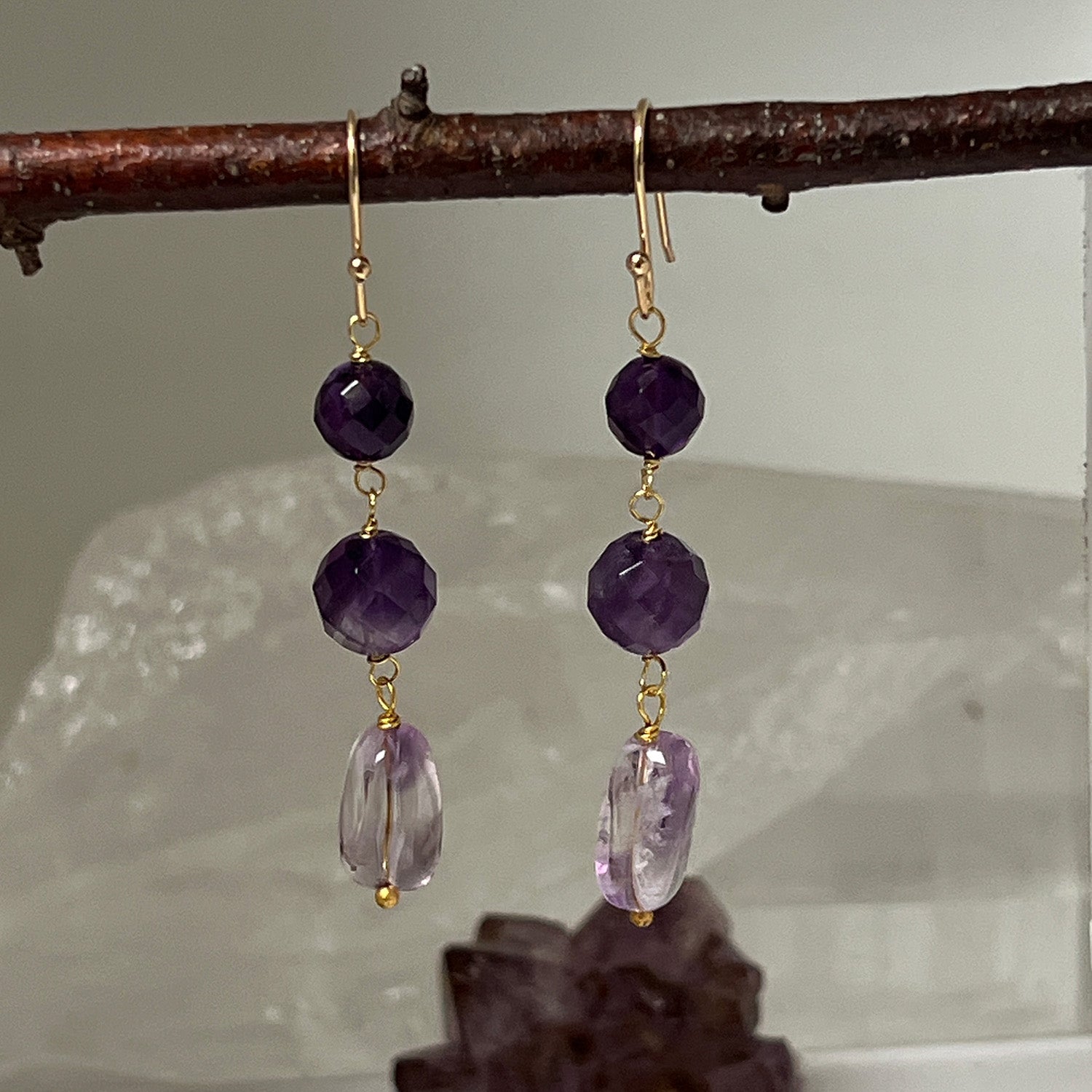 Three Stone Amethyst Drop Earrings
