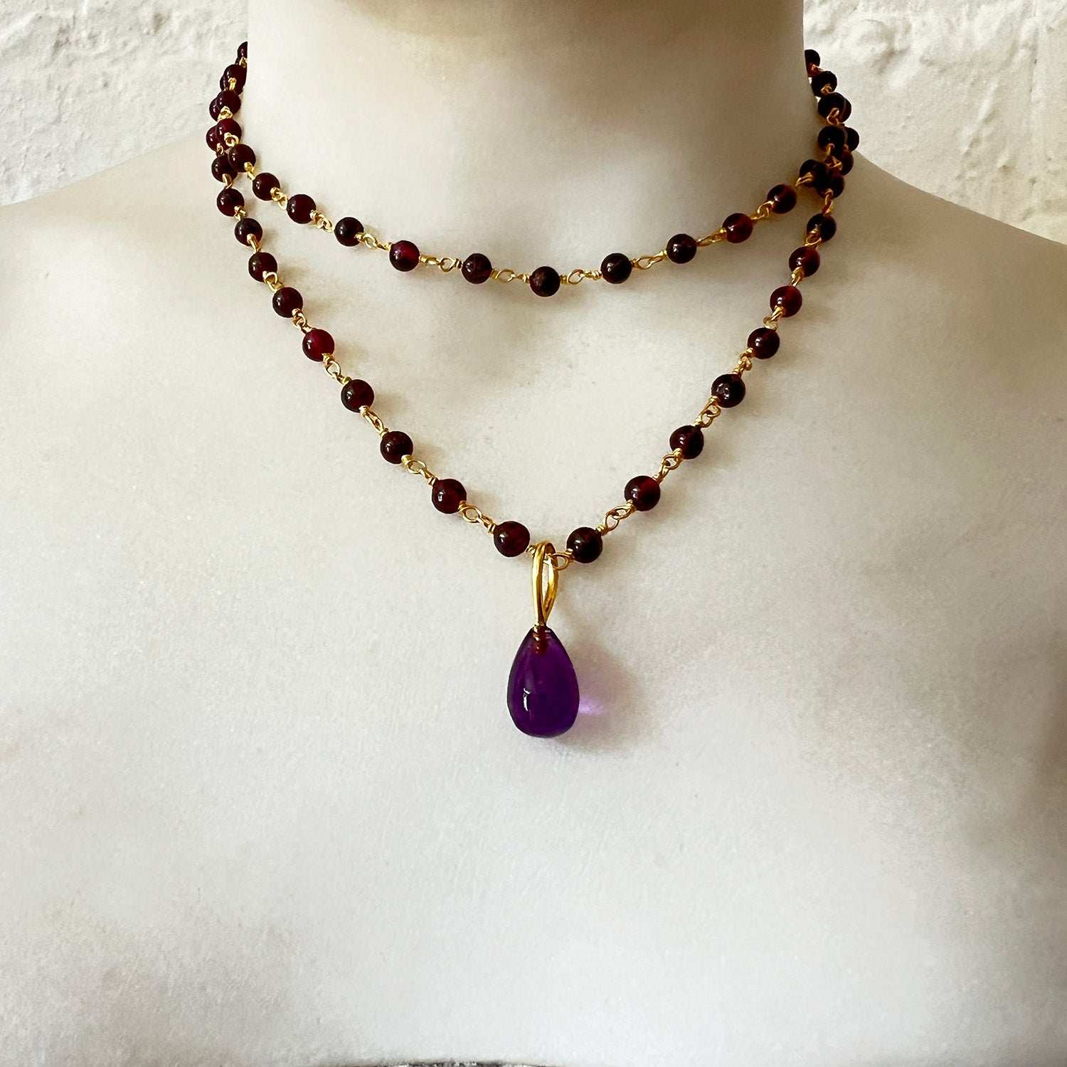 Amethyst Drop Pendant On Long Garnet Rosary