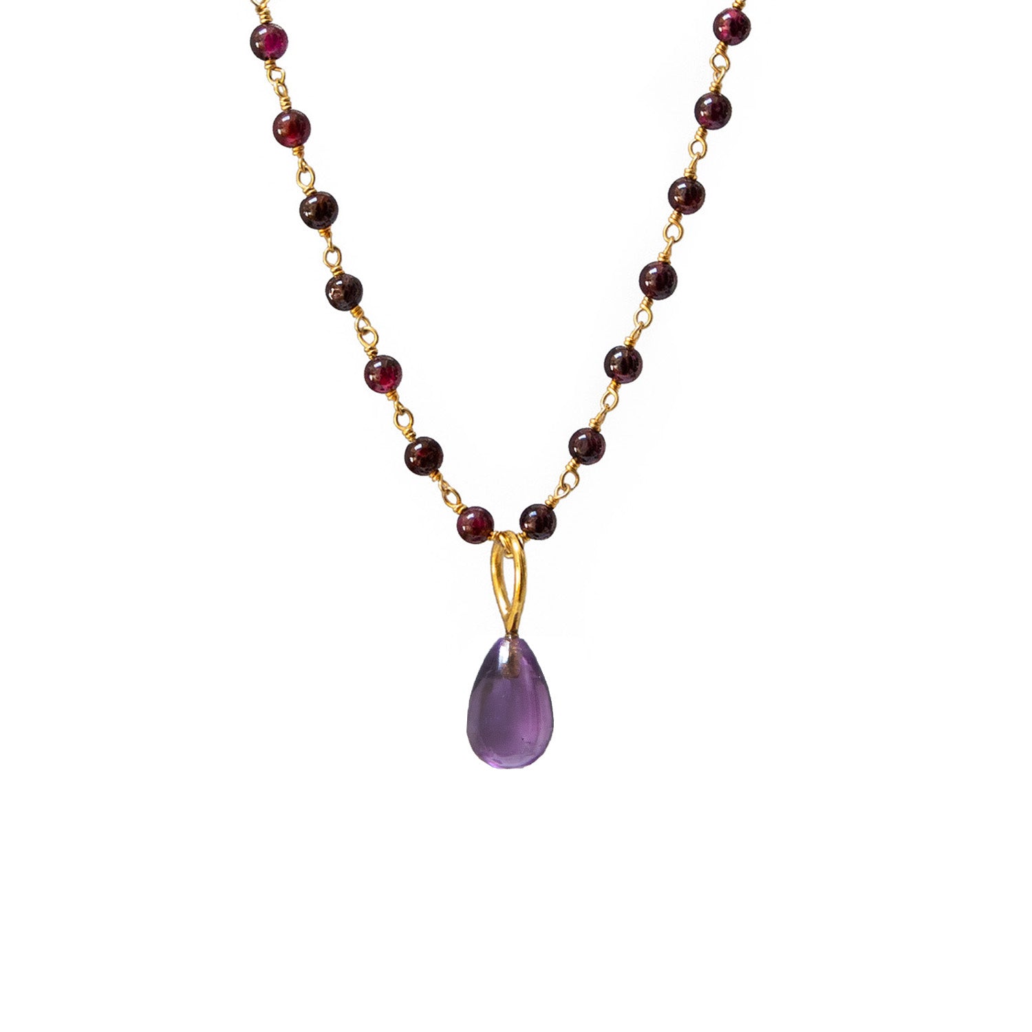 Amethyst Drop Pendant On Long Garnet Rosary