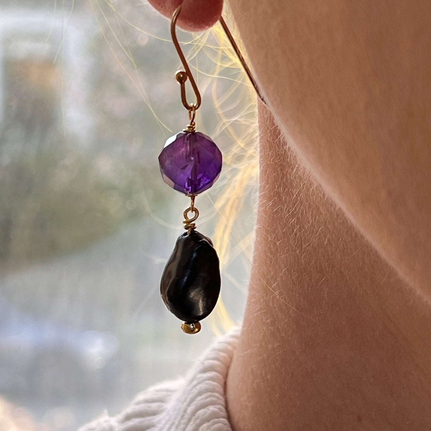 Amethyst And Black Pearl Earrings