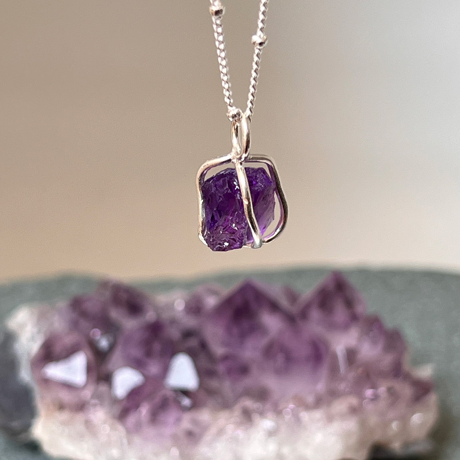 Amethyst Raw in Cage Pendant on Sterling Silver