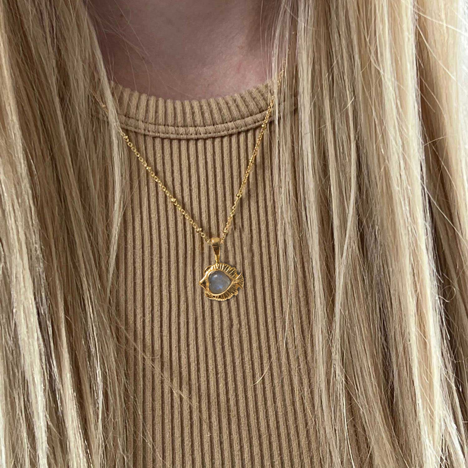 Angel Fish Charm With Labradorite Cabochon On Short Satellite Chain