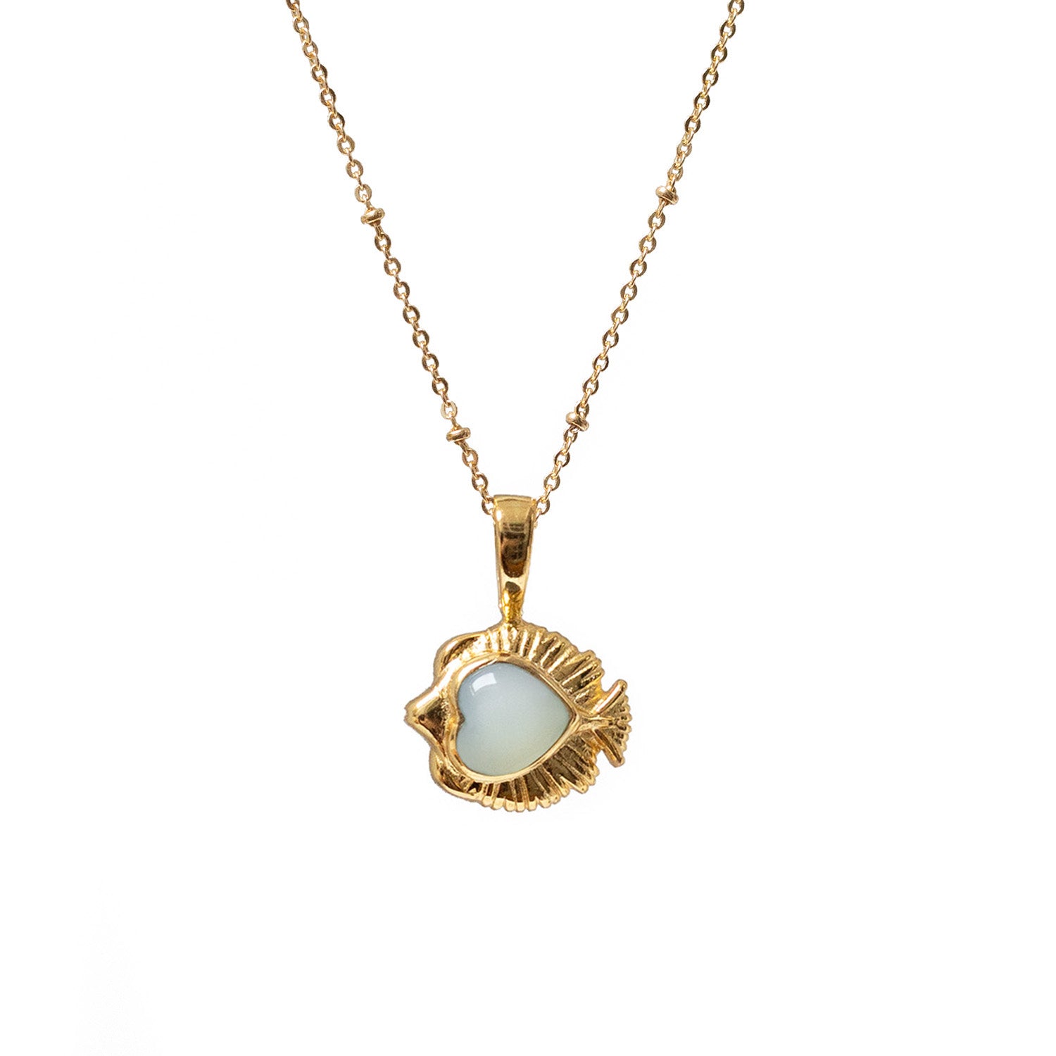 Angel Fish Charm With Aqua Chalcedony Cabochon On Short Satellite Chain