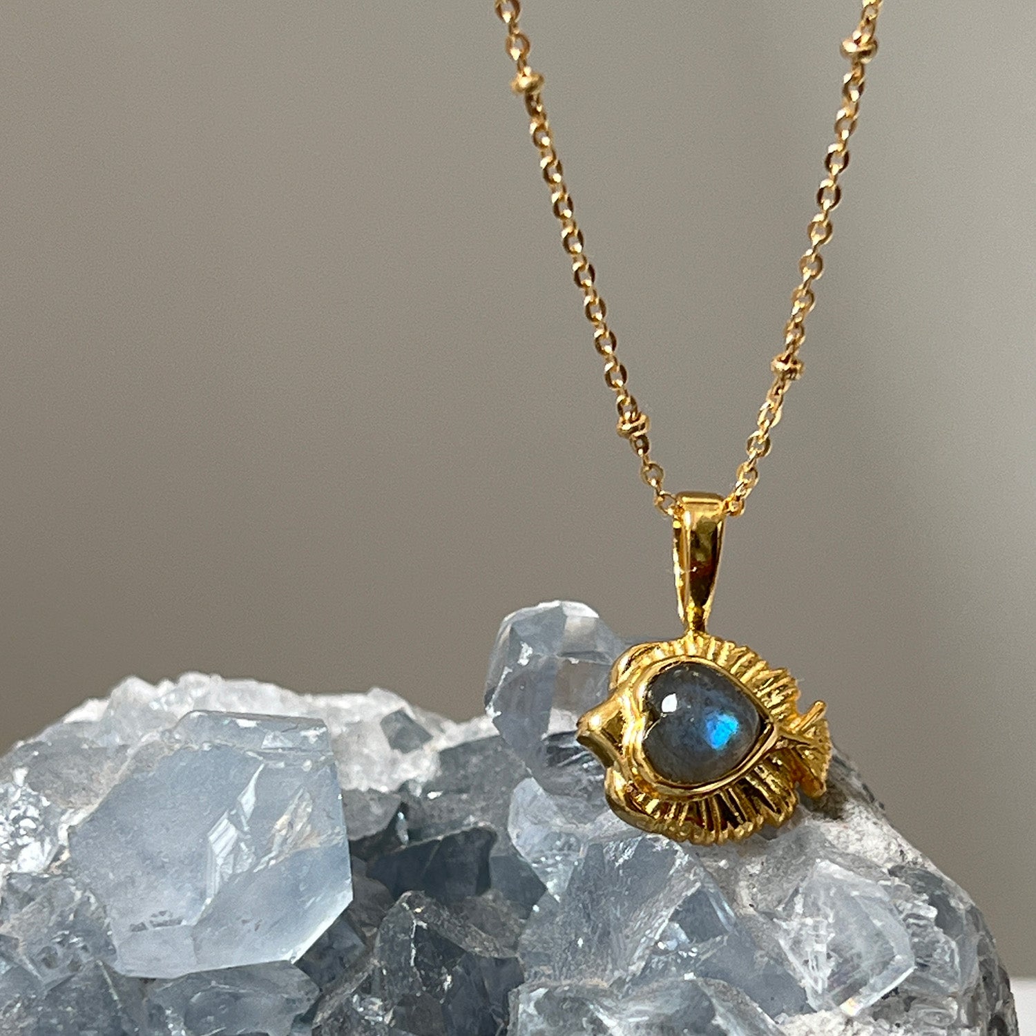 Angel Fish Charm With Labradorite Cabochon On Short Satellite Chain