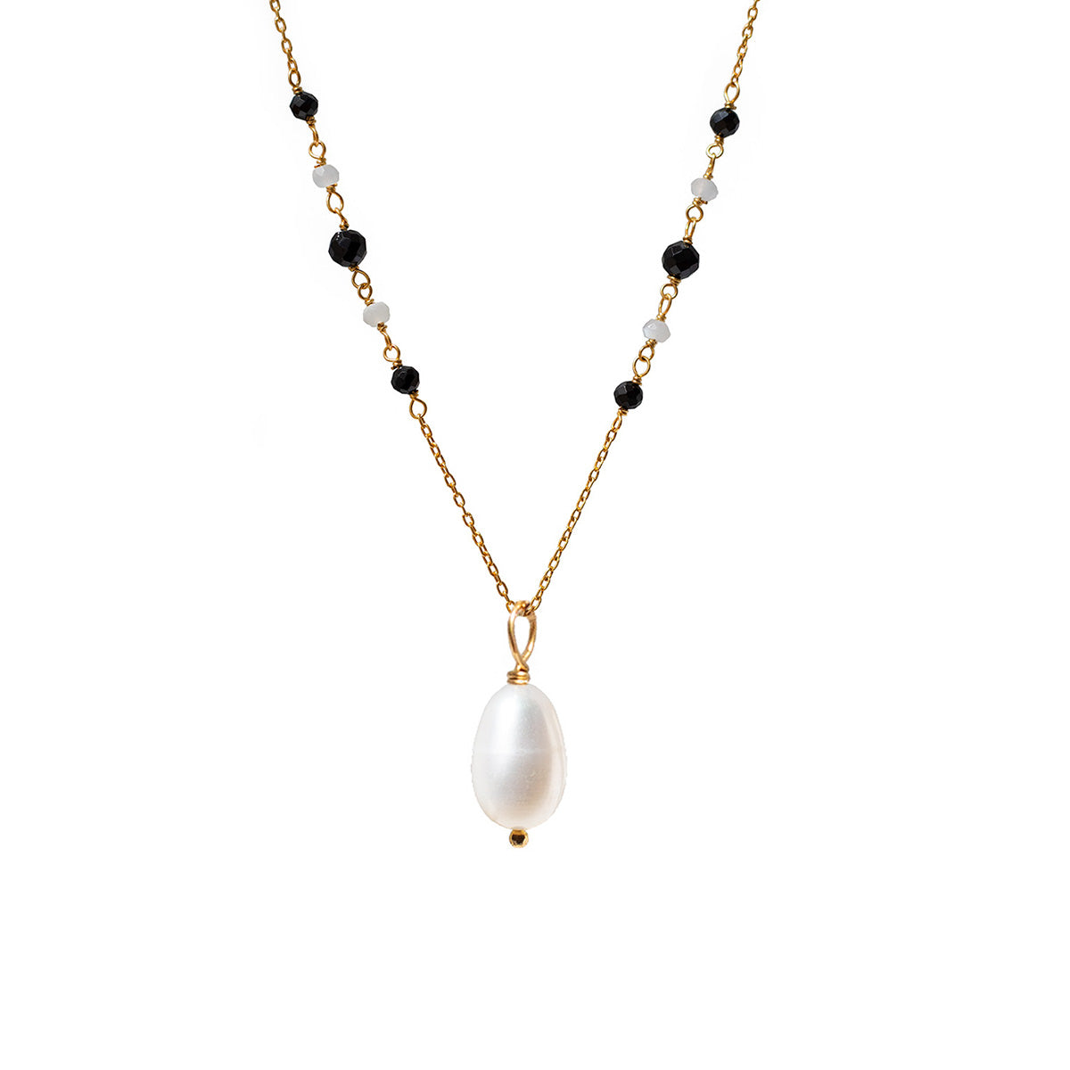 Asymmetric Rosary Black Onyx And White Moonstone With Drop Pearl