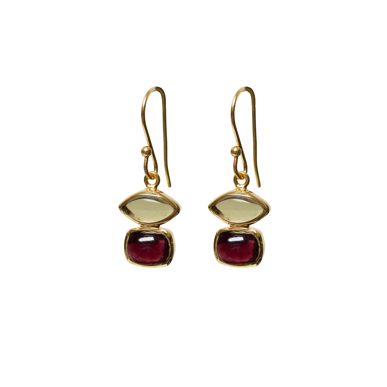 A pair of gold-plated sterling silver earrings with beryl and garnet stones.