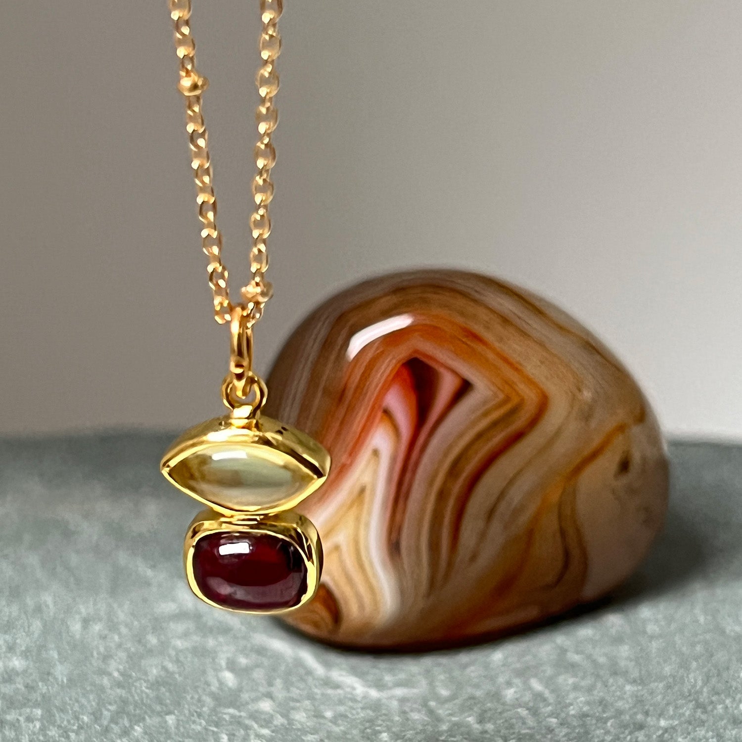 Beryl Lemon Quartz And Garnet Pendant on Short Satellite Chain