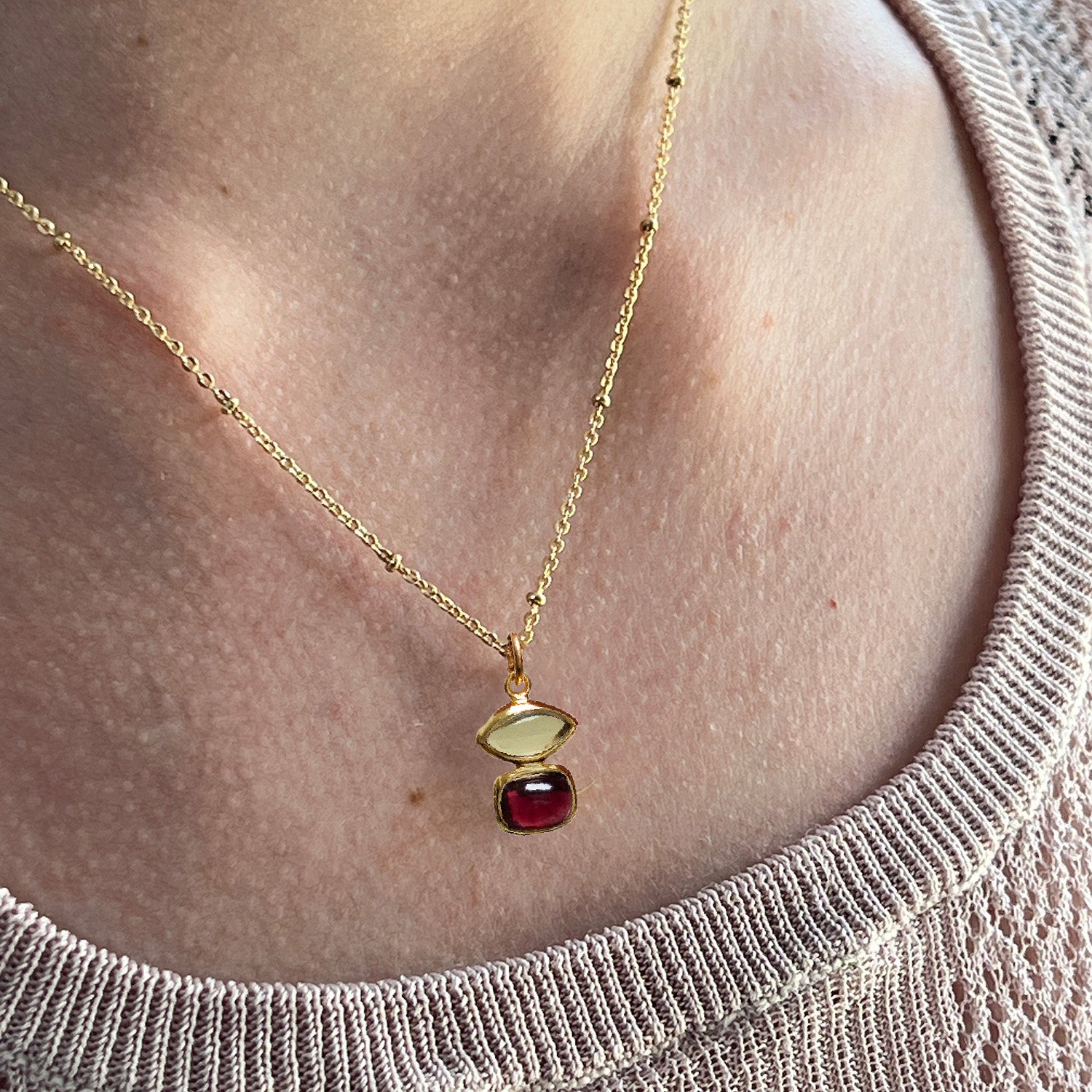 Beryl Lemon Quartz And Garnet Pendant on Short Satellite Chain