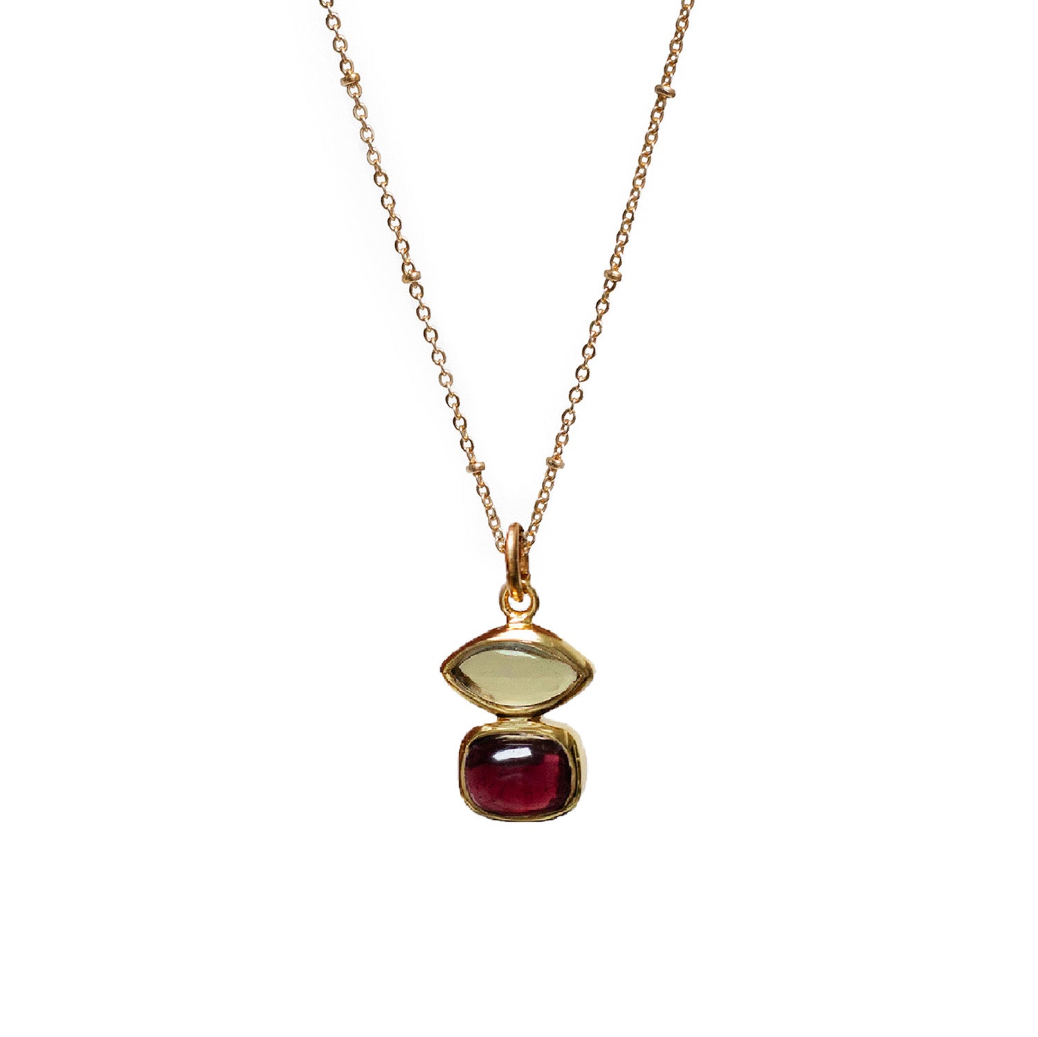 Beryl Lemon Quartz And Garnet Pendant on Short Satellite Chain