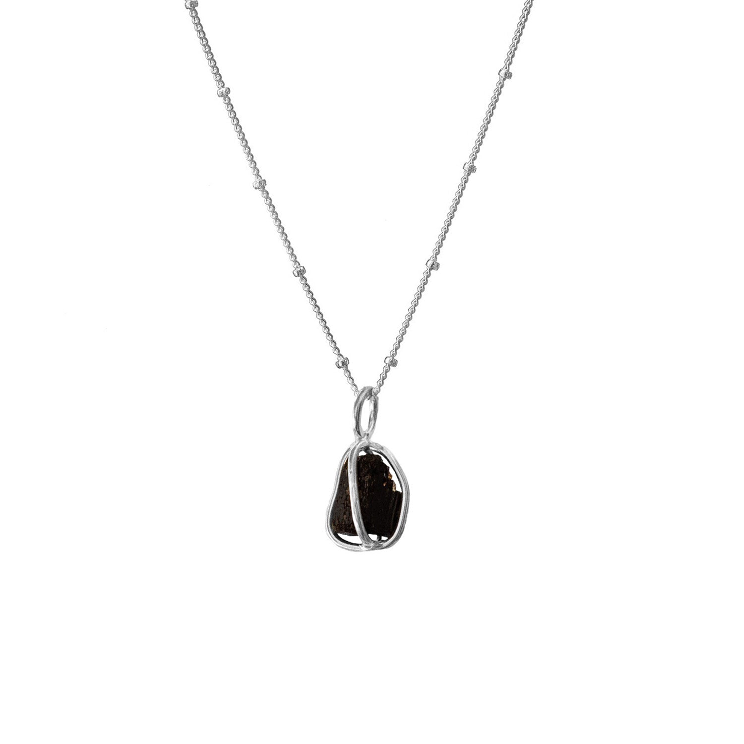Black Tourmaline Raw in Cage Pendant on Sterling Silver