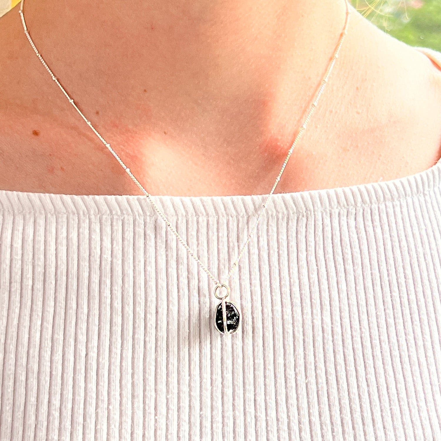 Black Tourmaline Raw in Cage Pendant on Sterling Silver