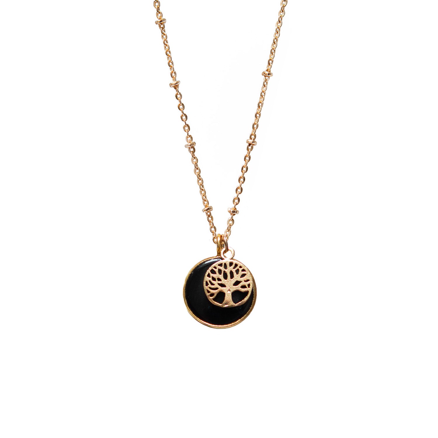 Black Onyx Coin Pendant With Tree Charm On Short Satellite Chain