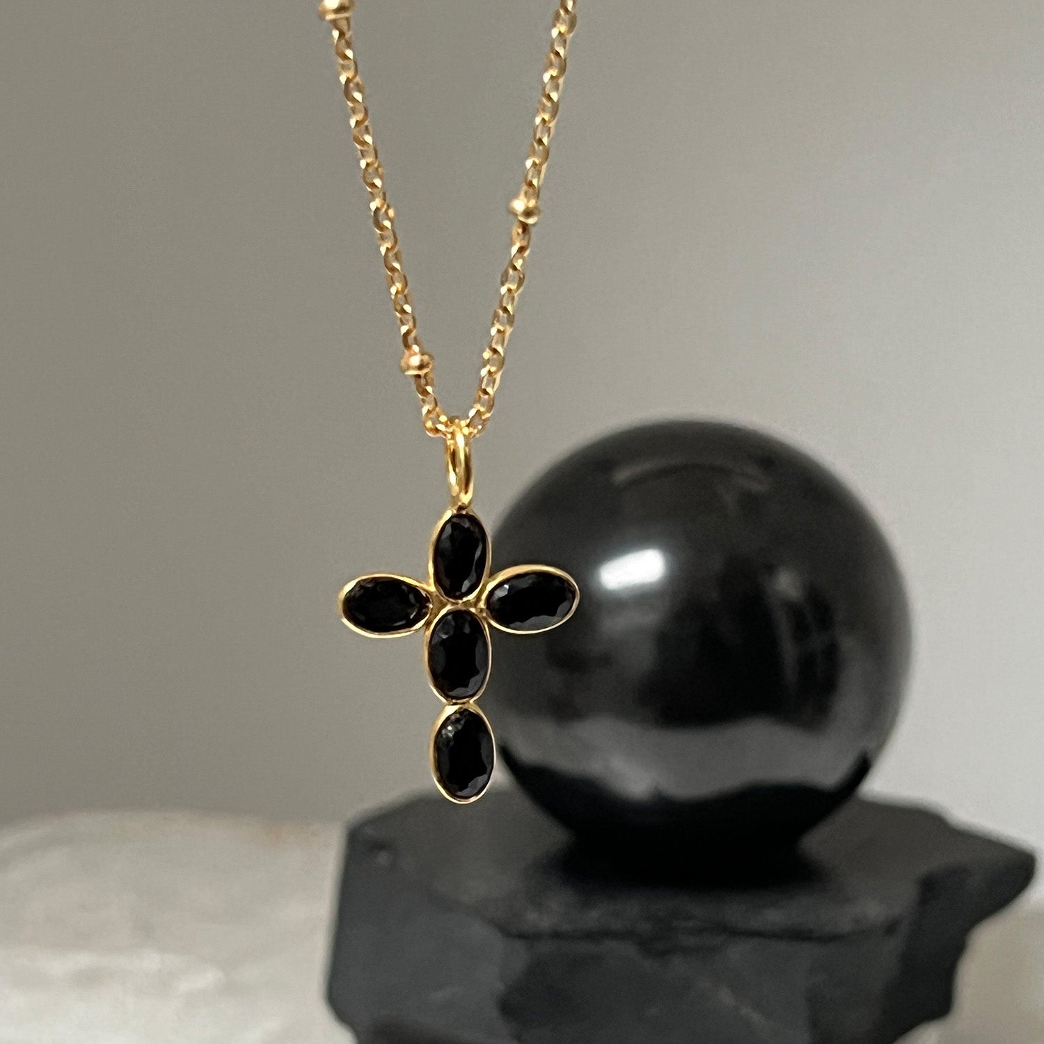 Small Cross Black Onyx On Short Satellite Chain