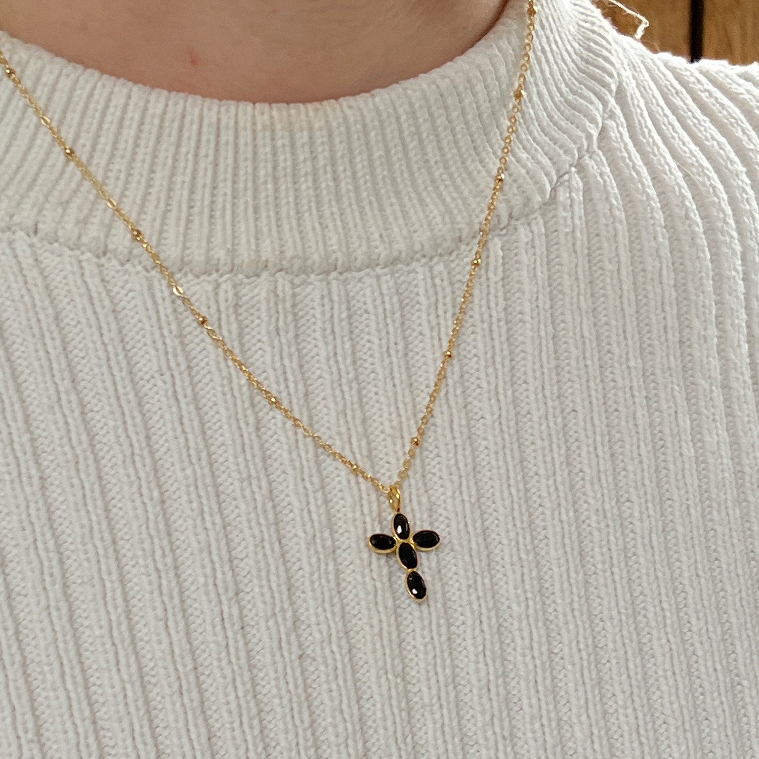 Small Cross Black Onyx On Short Satellite Chain