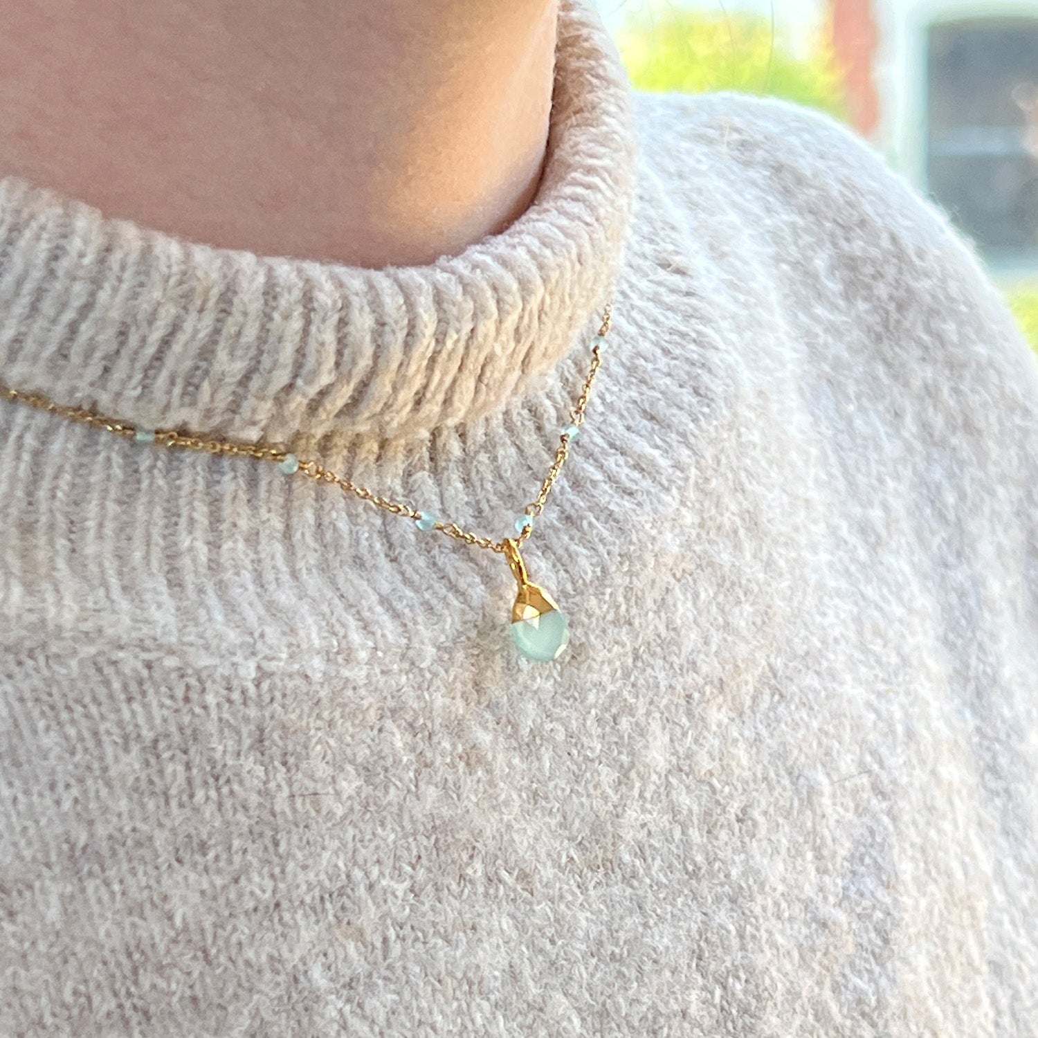 Aqua Chalcedony Pendant on a Rosary Chain worn with a grey jumper