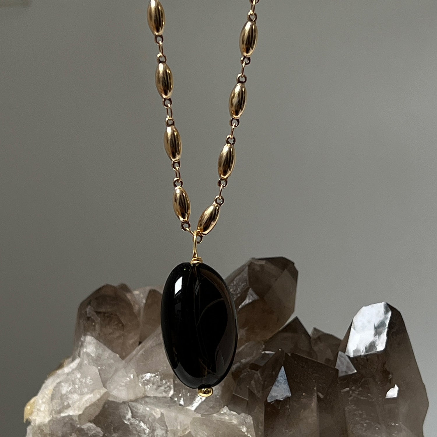 Smoky Quartz Pendant On Long Pepin Chain