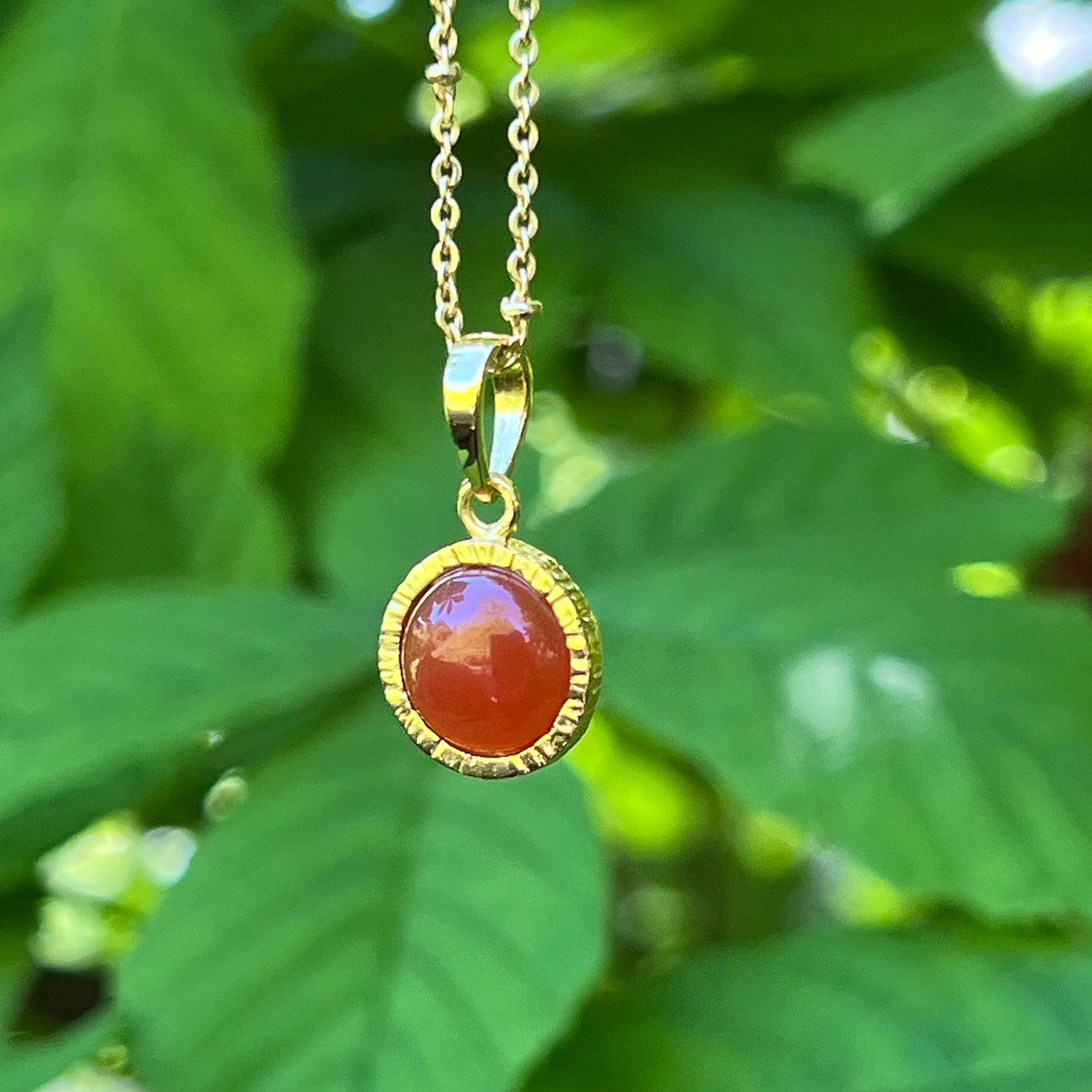 Dunia Red Onyx Round Pendant On Long Satellite Chain