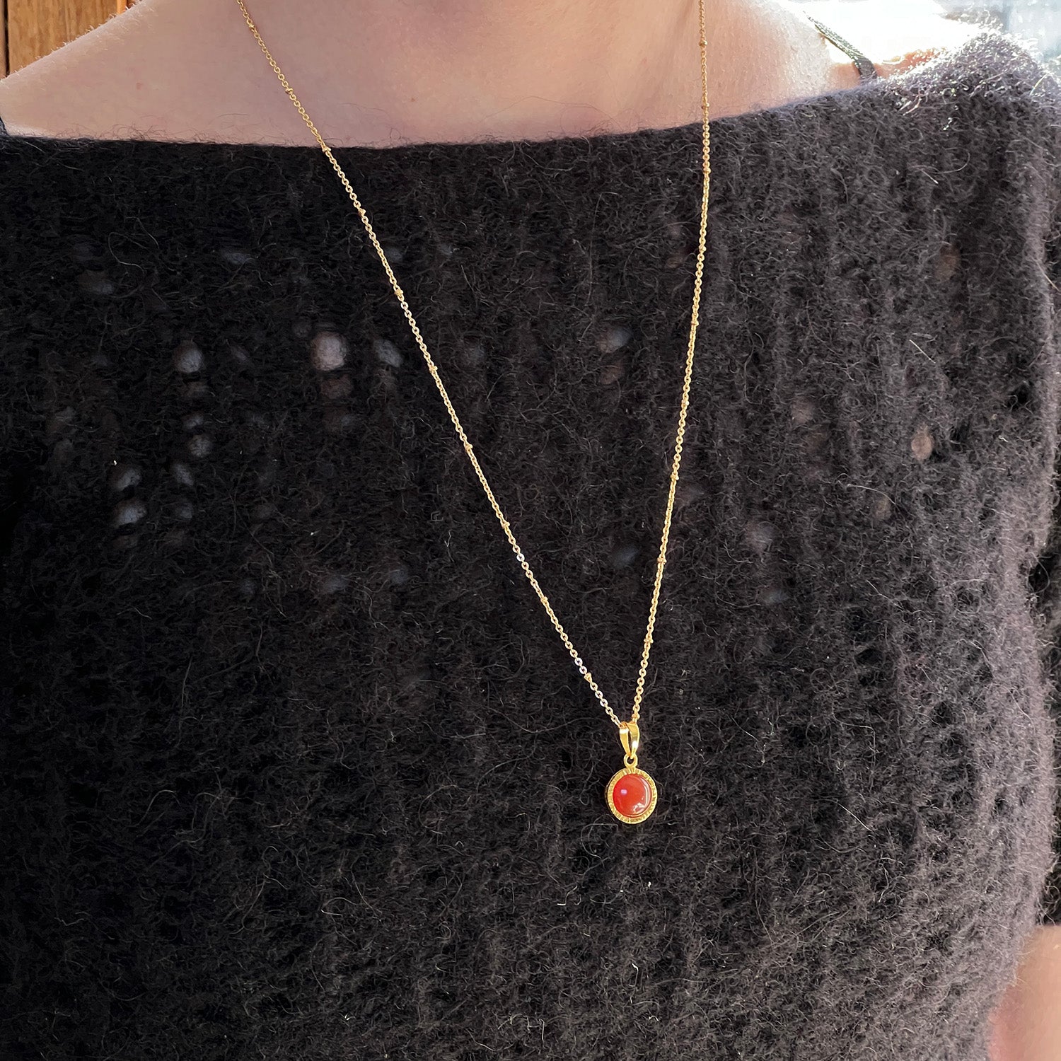 Dunia Red Onyx Round Pendant On Long Satellite Chain