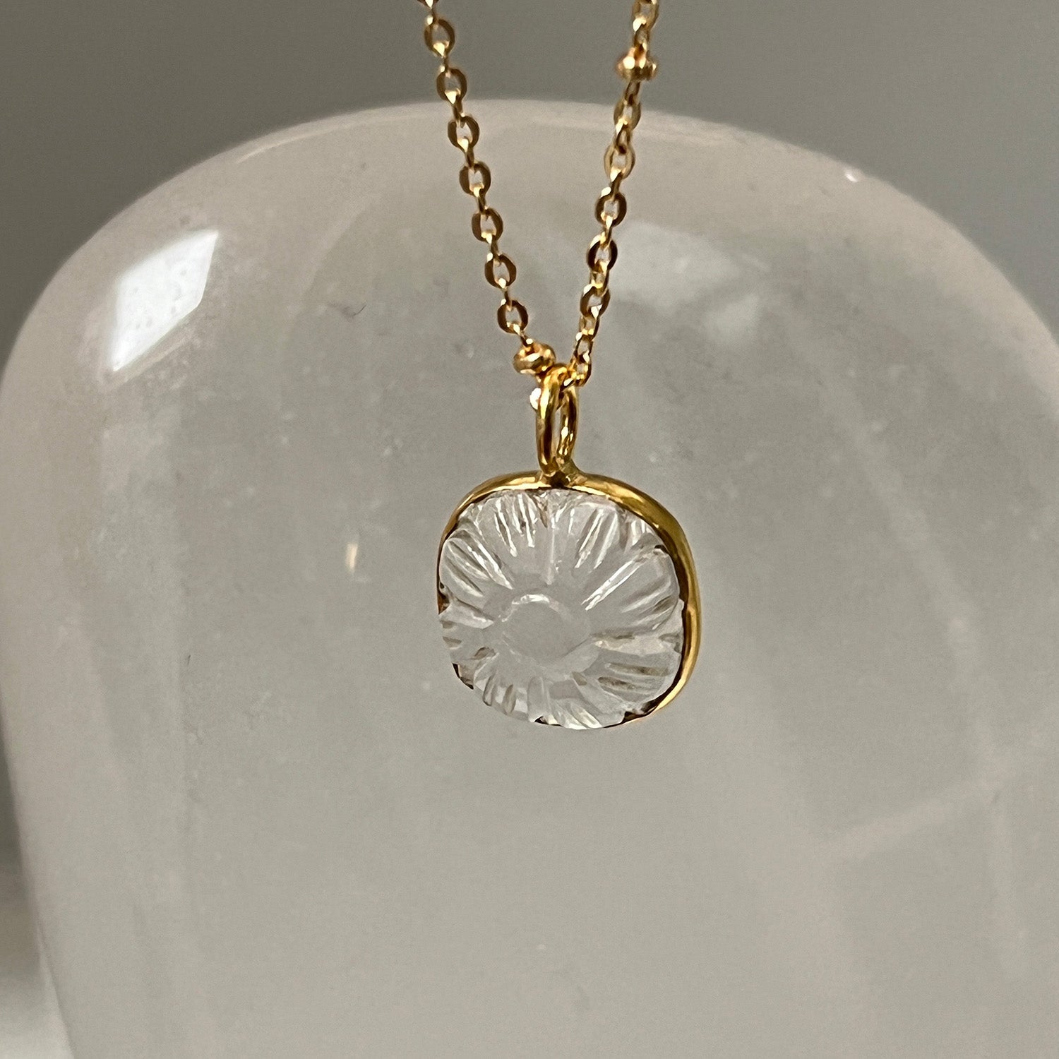 Carved Rock Crystal Flower Pendant On Short Satellite Chain