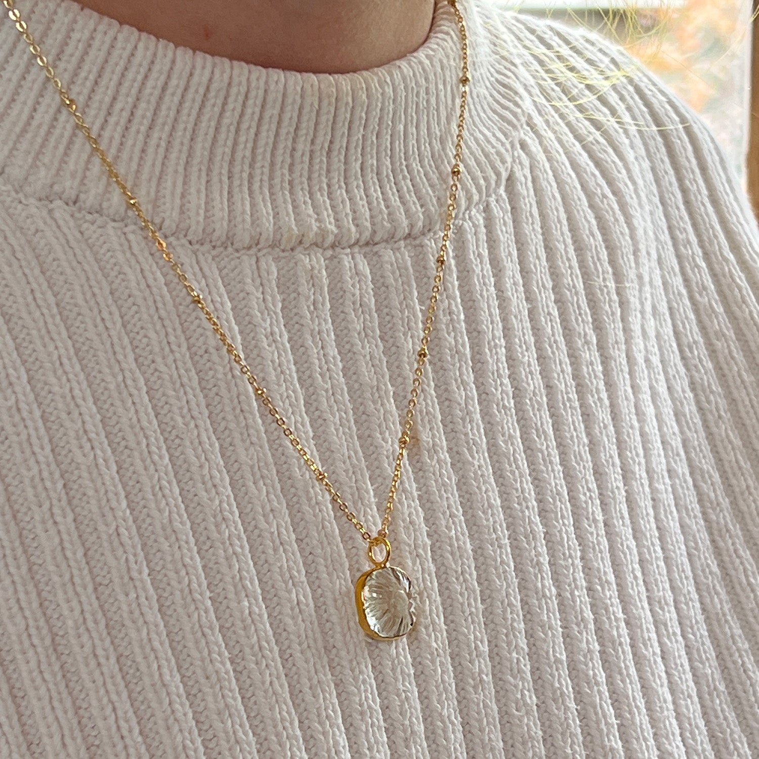 Carved Rock Crystal Flower Pendant On Short Satellite Chain