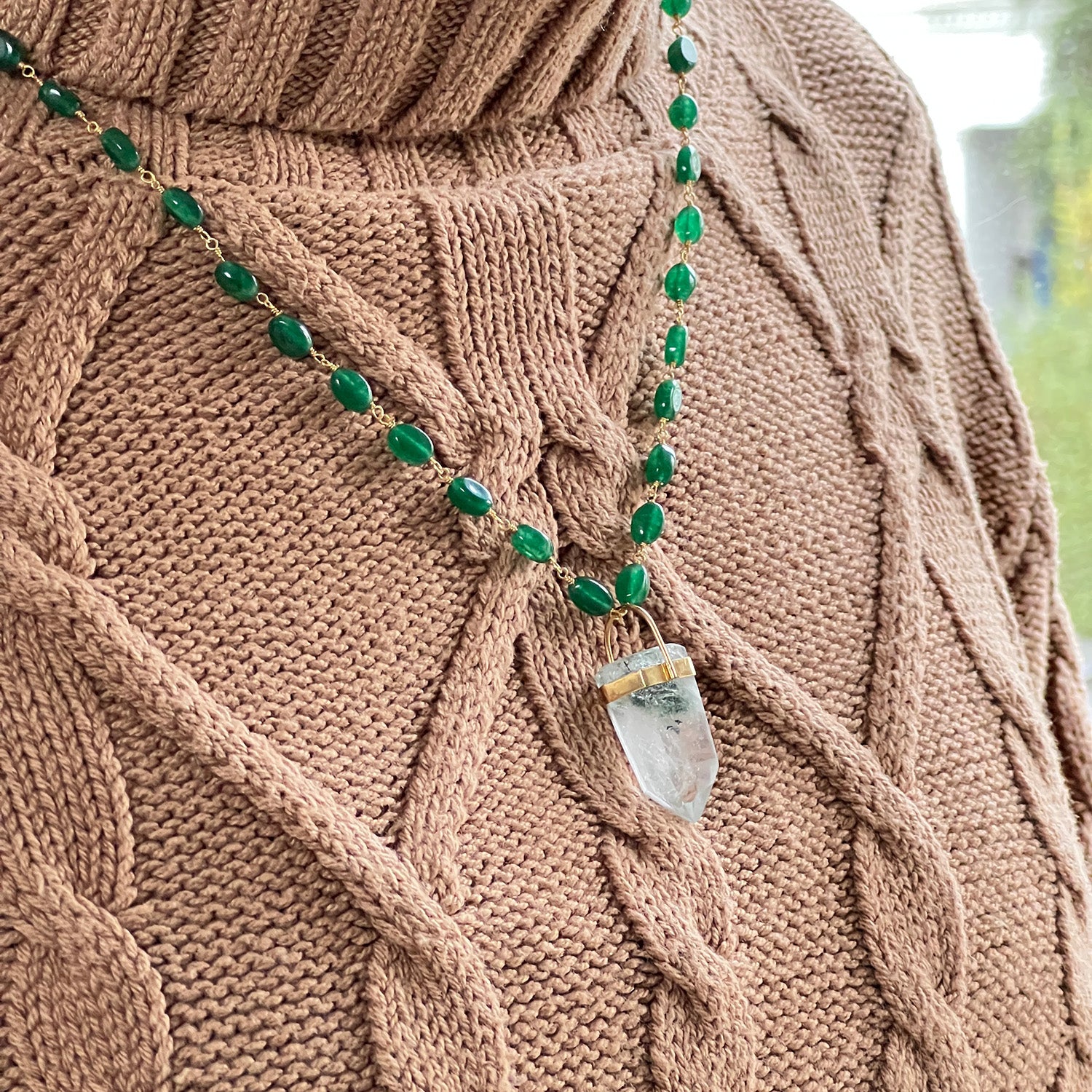 Unique Chlorite Point Pendant On Long Green Onyx Pebble Rosary