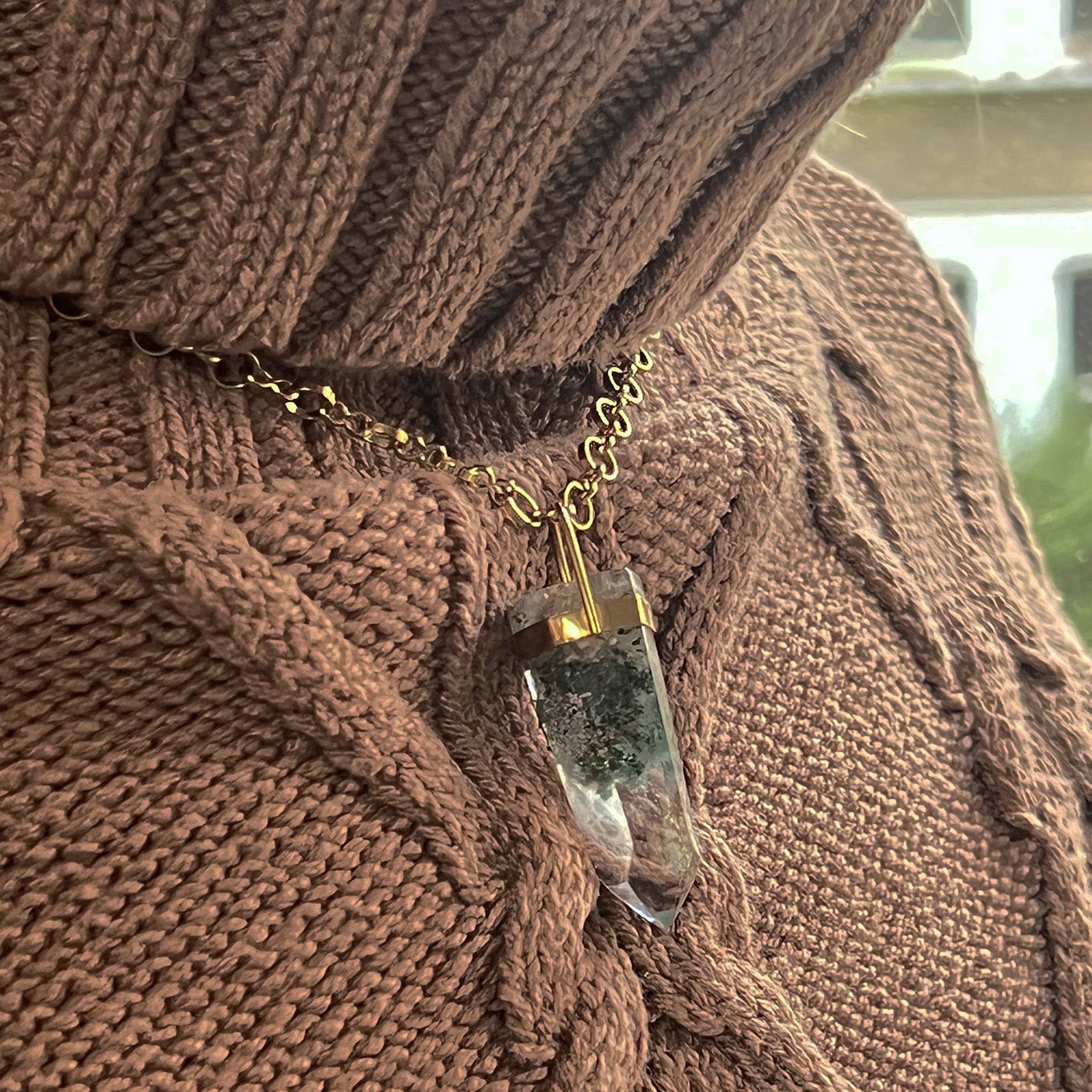 Unique Long Chlorite Point Pendant On Long Little Circle Chain