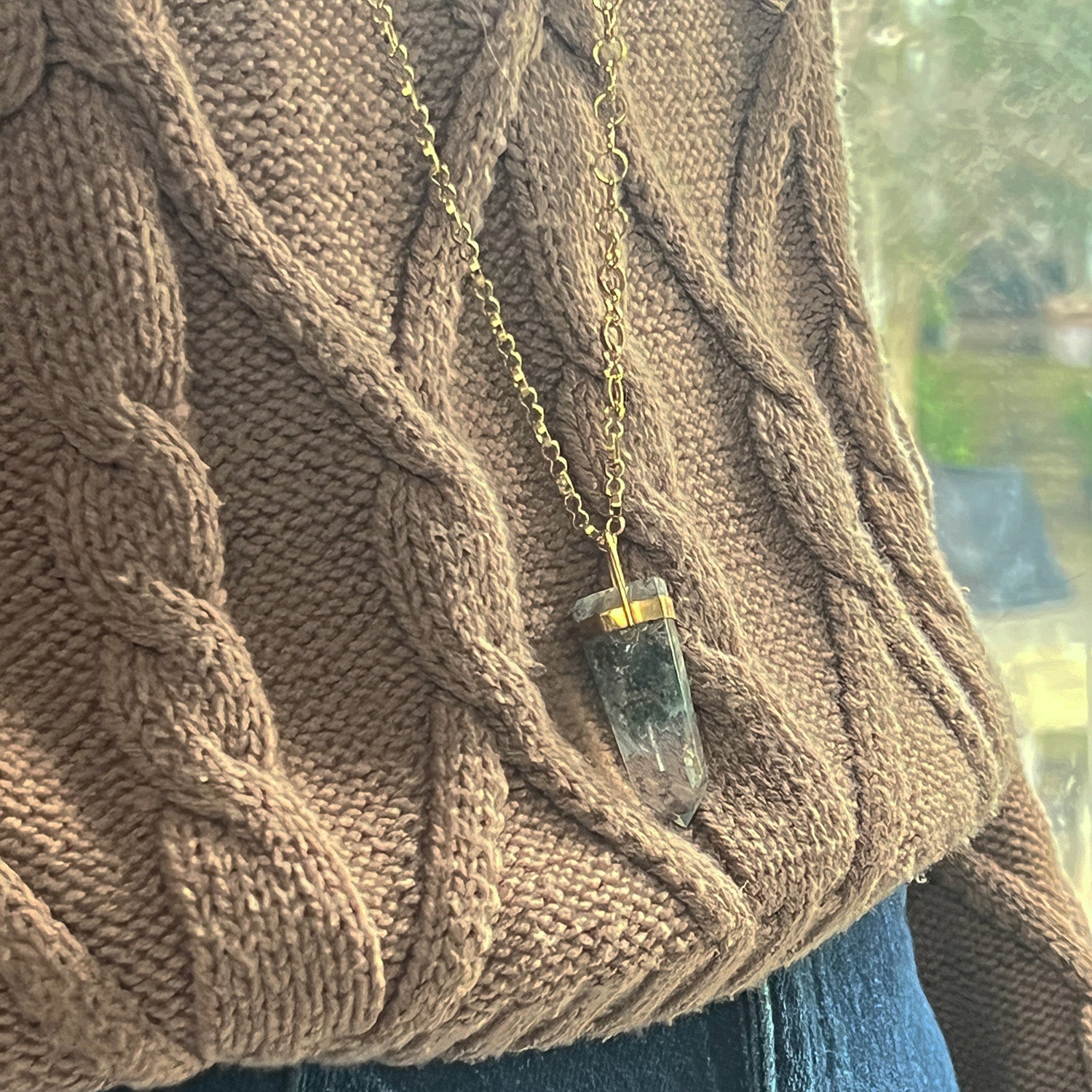 Unique Long Chlorite Point Pendant On Long Little Circle Chain