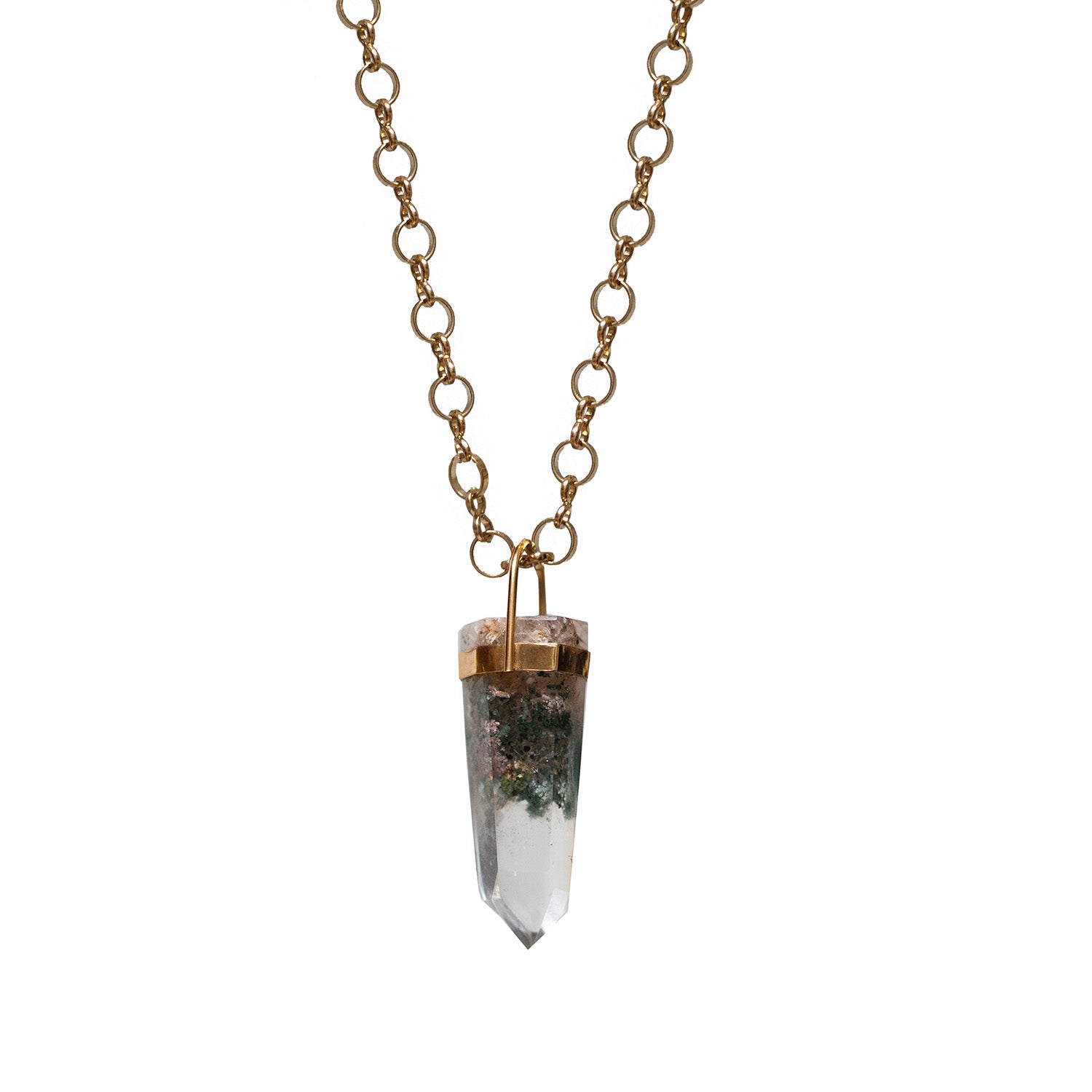 Unique Long Chlorite Point Pendant On Long Little Circle Chain
