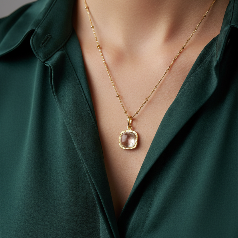Lemon quartz Square Pendant On Biba Chain