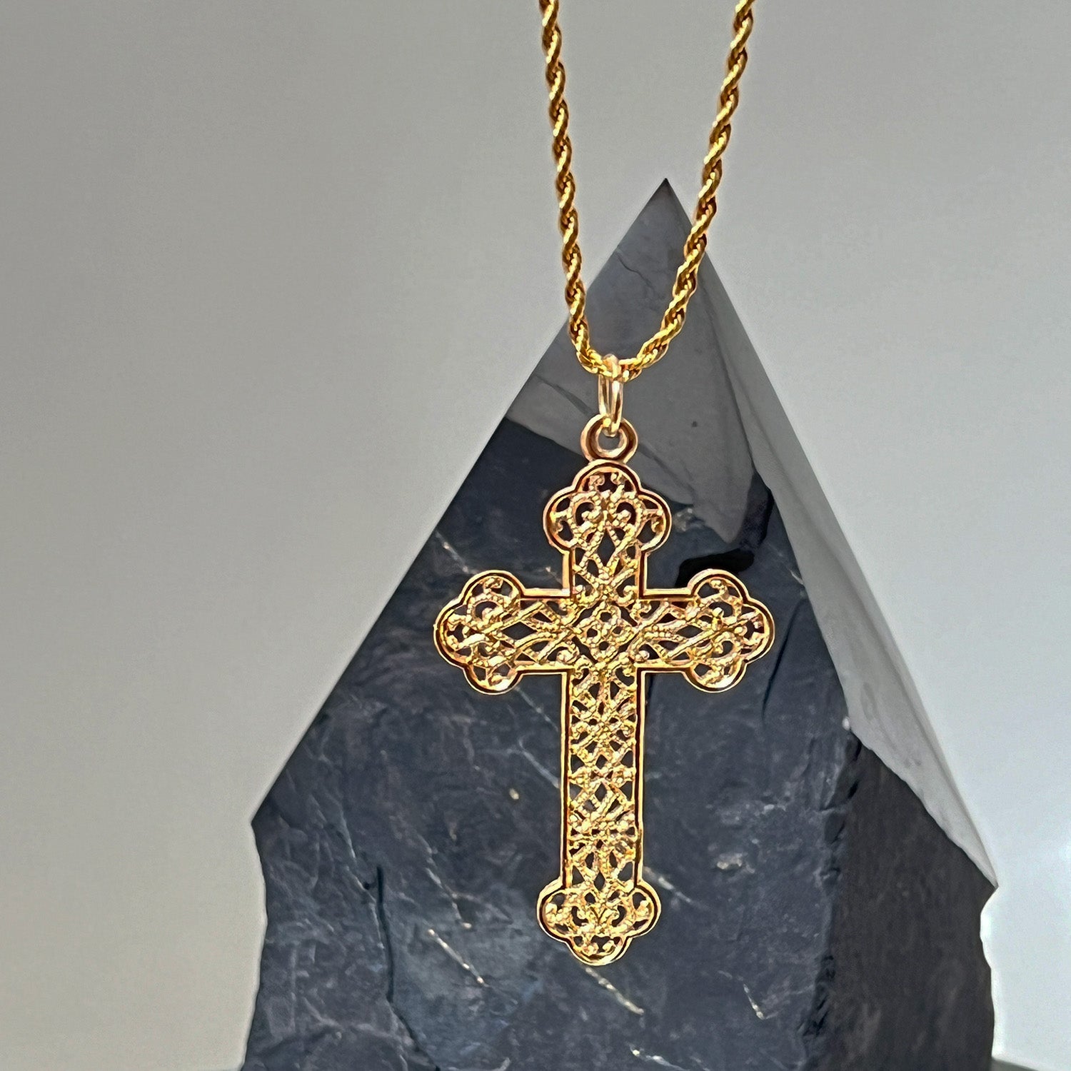 Large Filigree Cross Pendant On Long Vintage Style Rope Chain