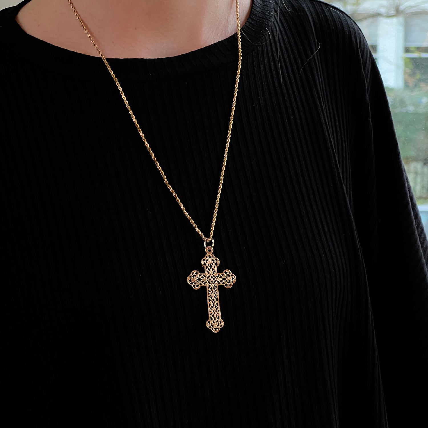 Large Filigree Cross Pendant On Long Vintage Style Rope Chain