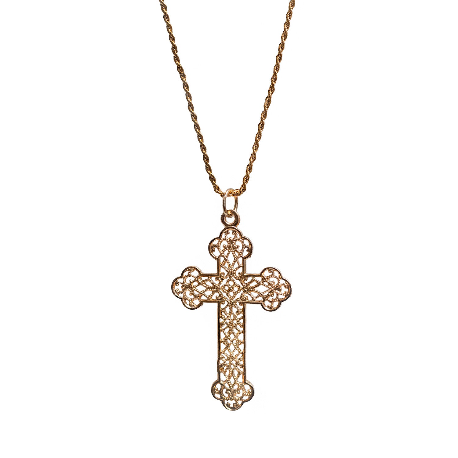 Large Filigree Cross Pendant On Long Vintage Style Rope Chain
