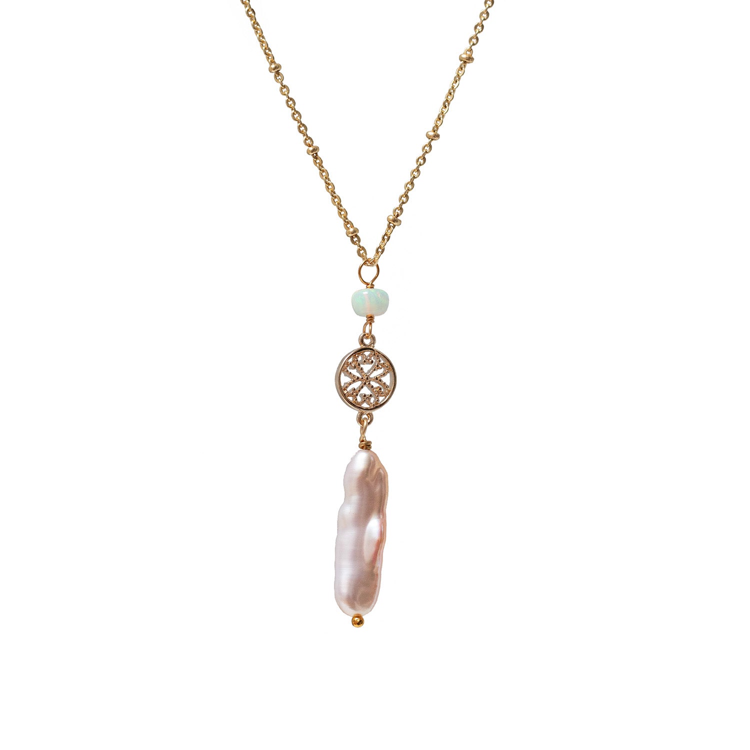 Dorothy Filigree Pendant With Baroque Pearl And Opal On Short Satellite Chain