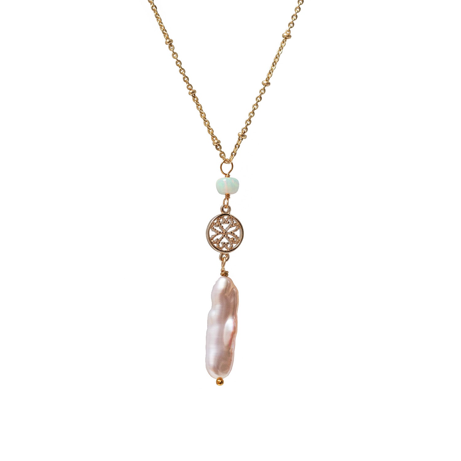 A gold-plated pendant featuring a baroque pearl and opal with a small extender chain, set against a white background.