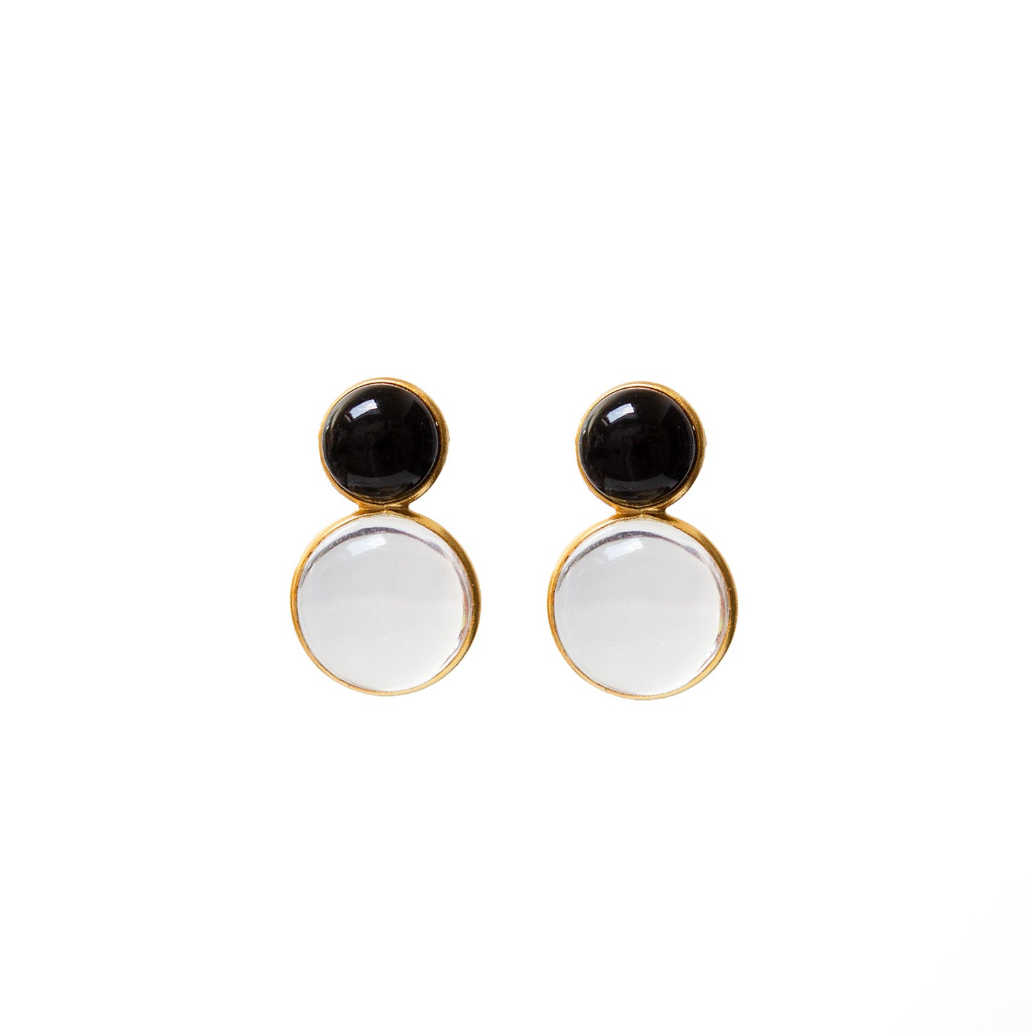 Pair of earrings with black and clear round stones on a white background