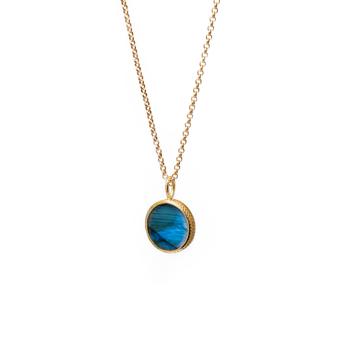 Double Sided Green Onyx and Labradorite Etched Bezel Pendant On Baby Belcher Chain