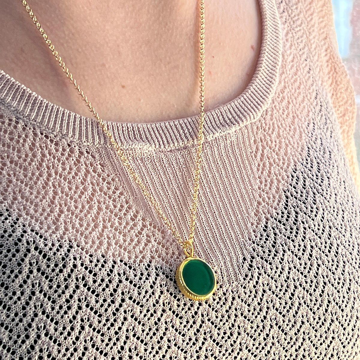 Double Sided Green Onyx and Labradorite Etched Bezel Pendant On Baby Belcher Chain