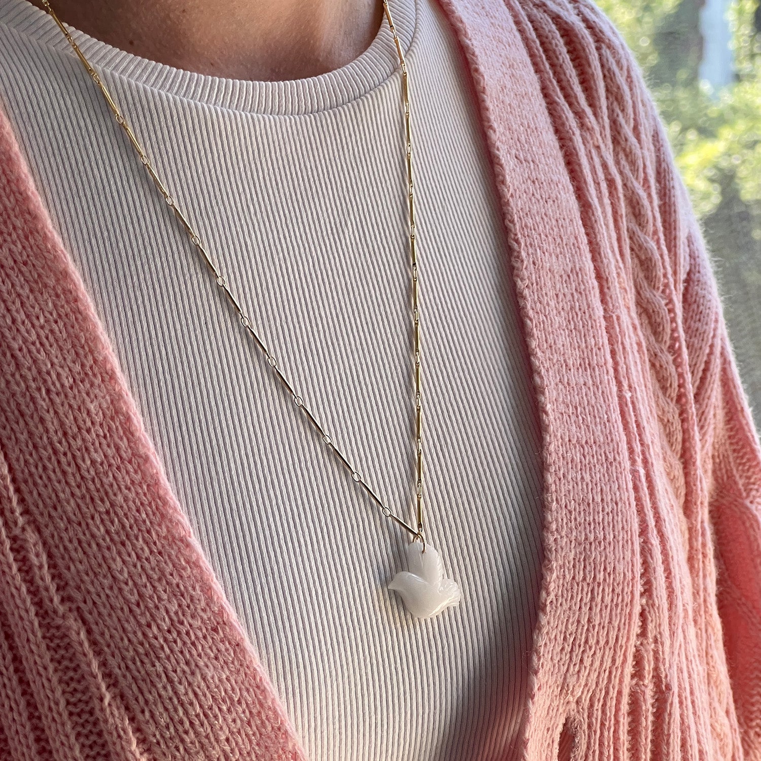 Carved White Agate Dove On Long Tula Chain