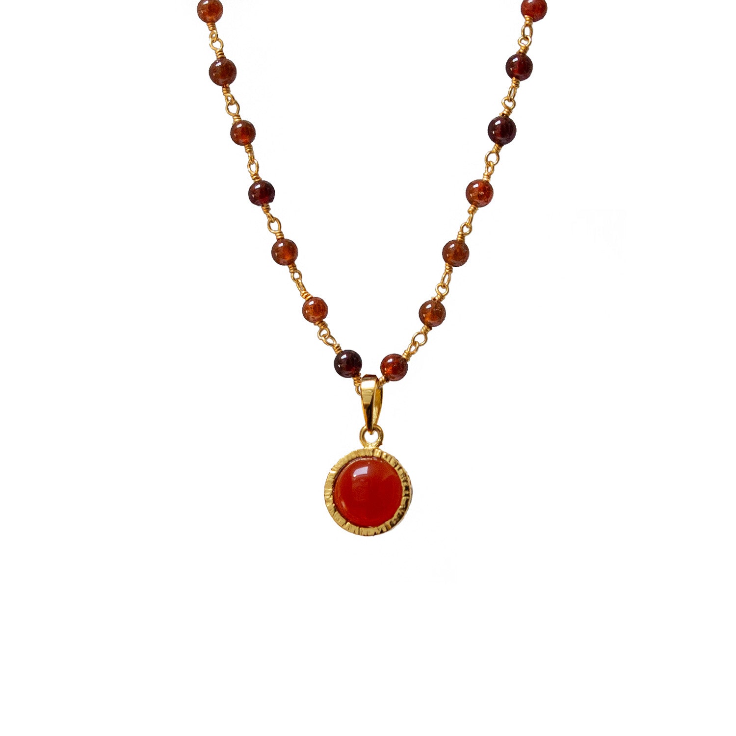 Dunia Red Onyx Round Pendant On Long Hessonite Garnet Rosary