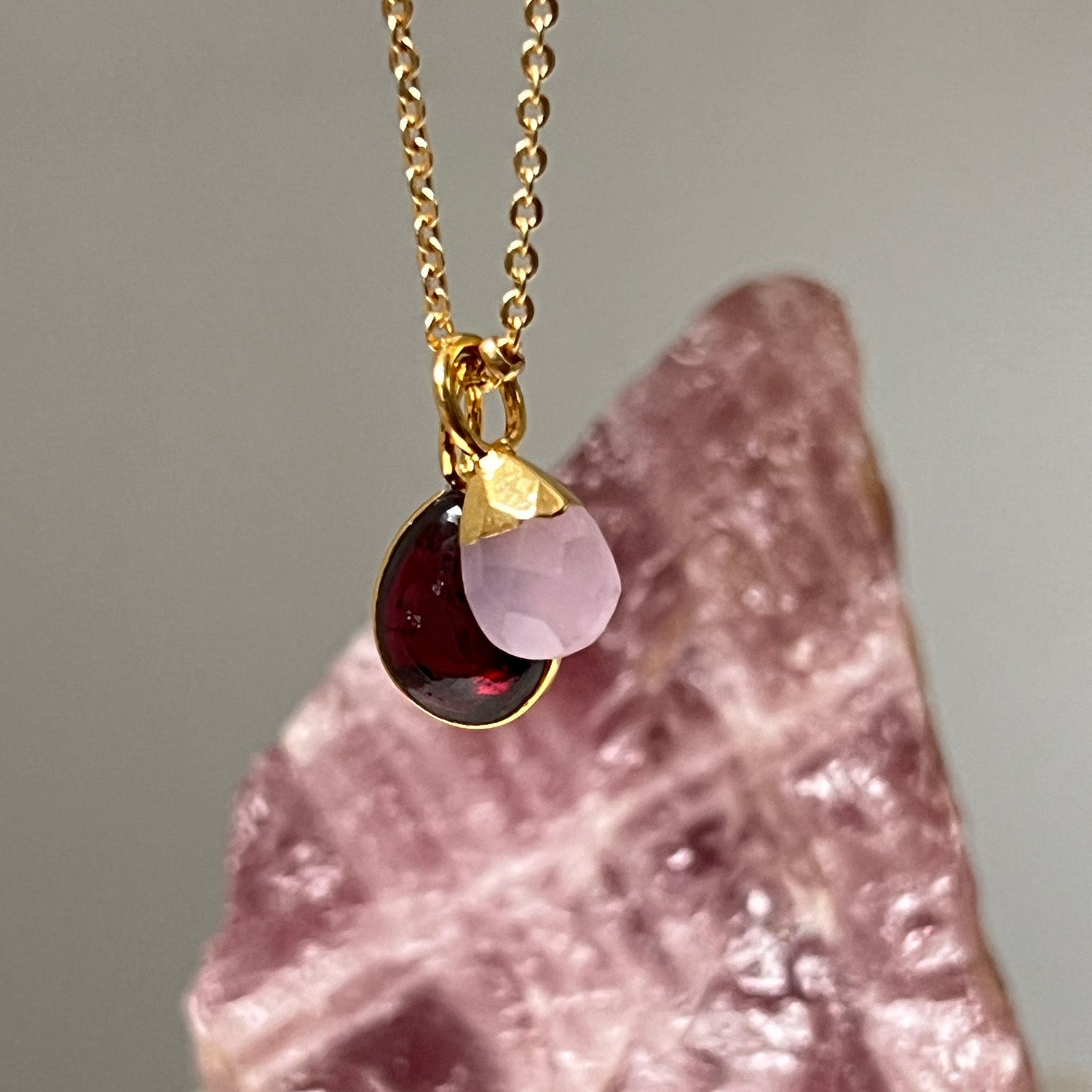 Julia Garnet With Pink Chalcedony Briolette On Short Satellite Chain