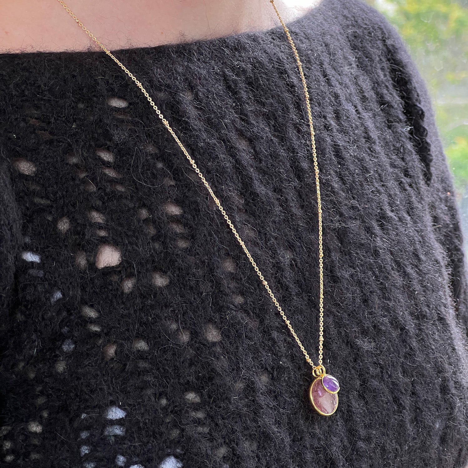 Duo Mystic Strawberry Quartz & Amethyst Pendant On Long Satellite Chain