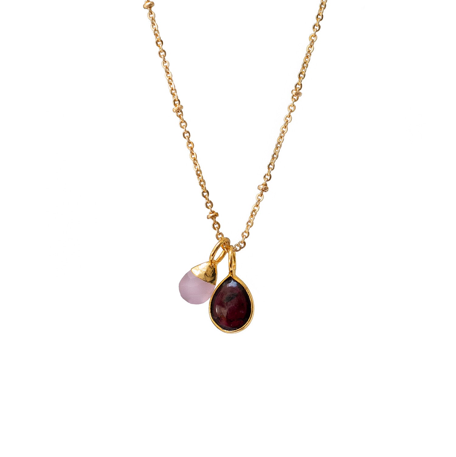 Julia Garnet With Pink Chalcedony Briolette On Short Satellite Chain