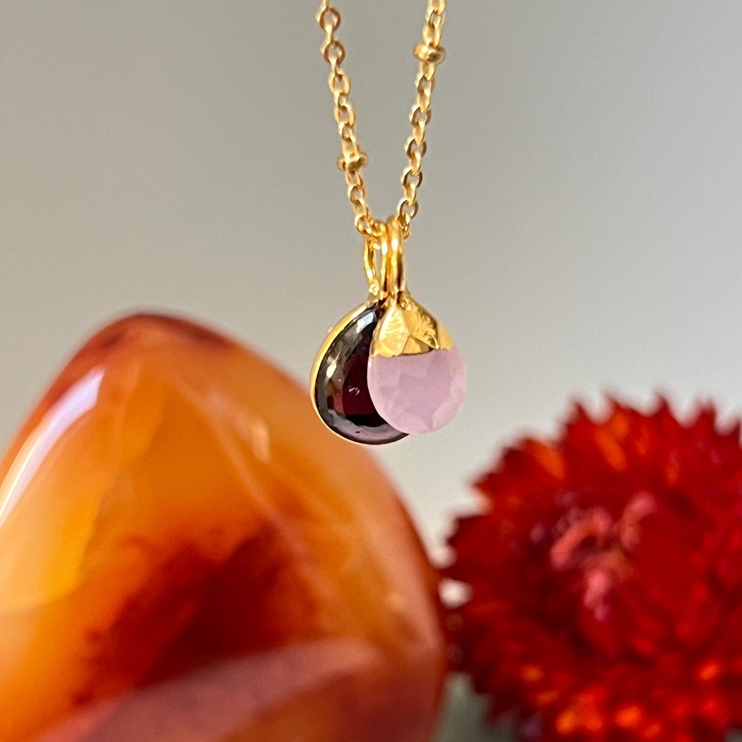 Julia Garnet With Pink Chalcedony Briolette On Short Satellite Chain