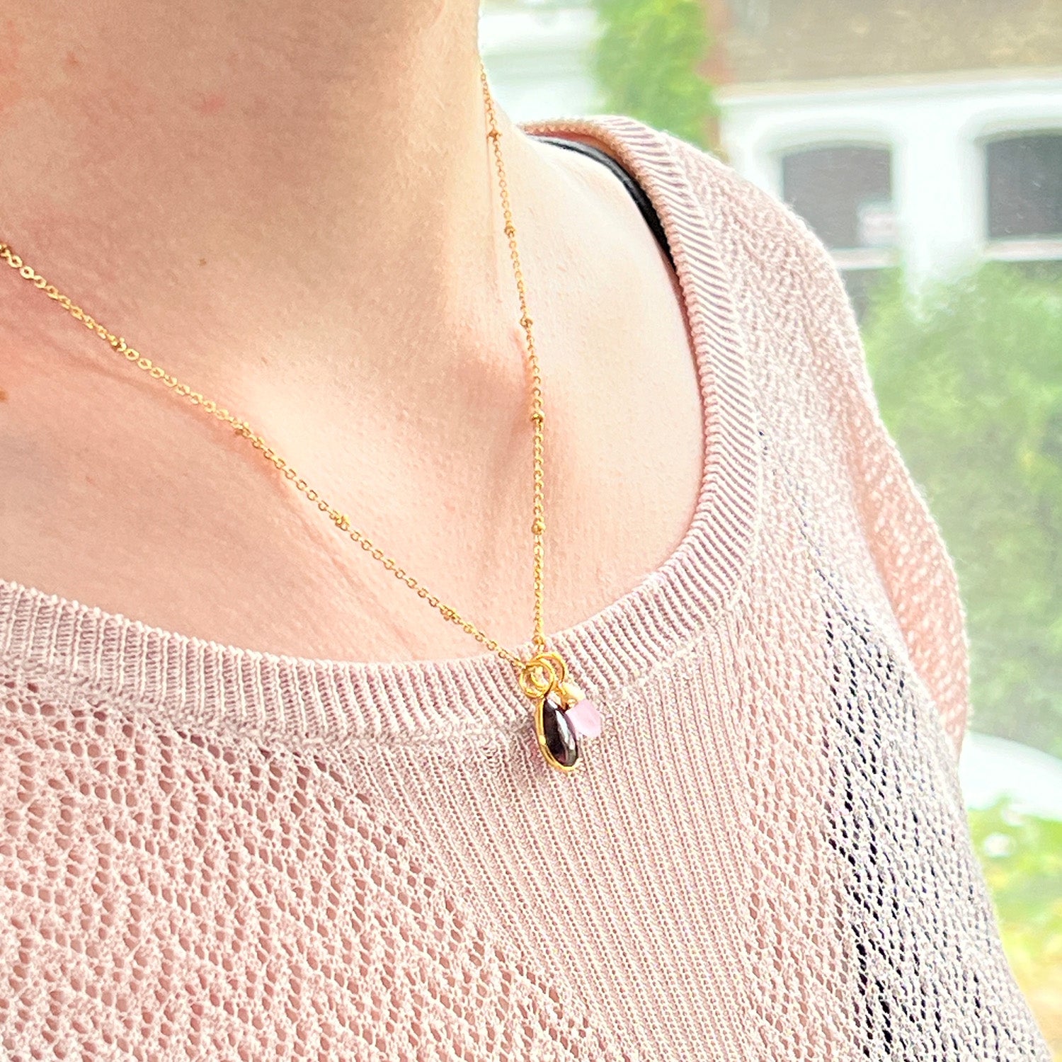 Julia Garnet With Pink Chalcedony Briolette On Short Satellite Chain