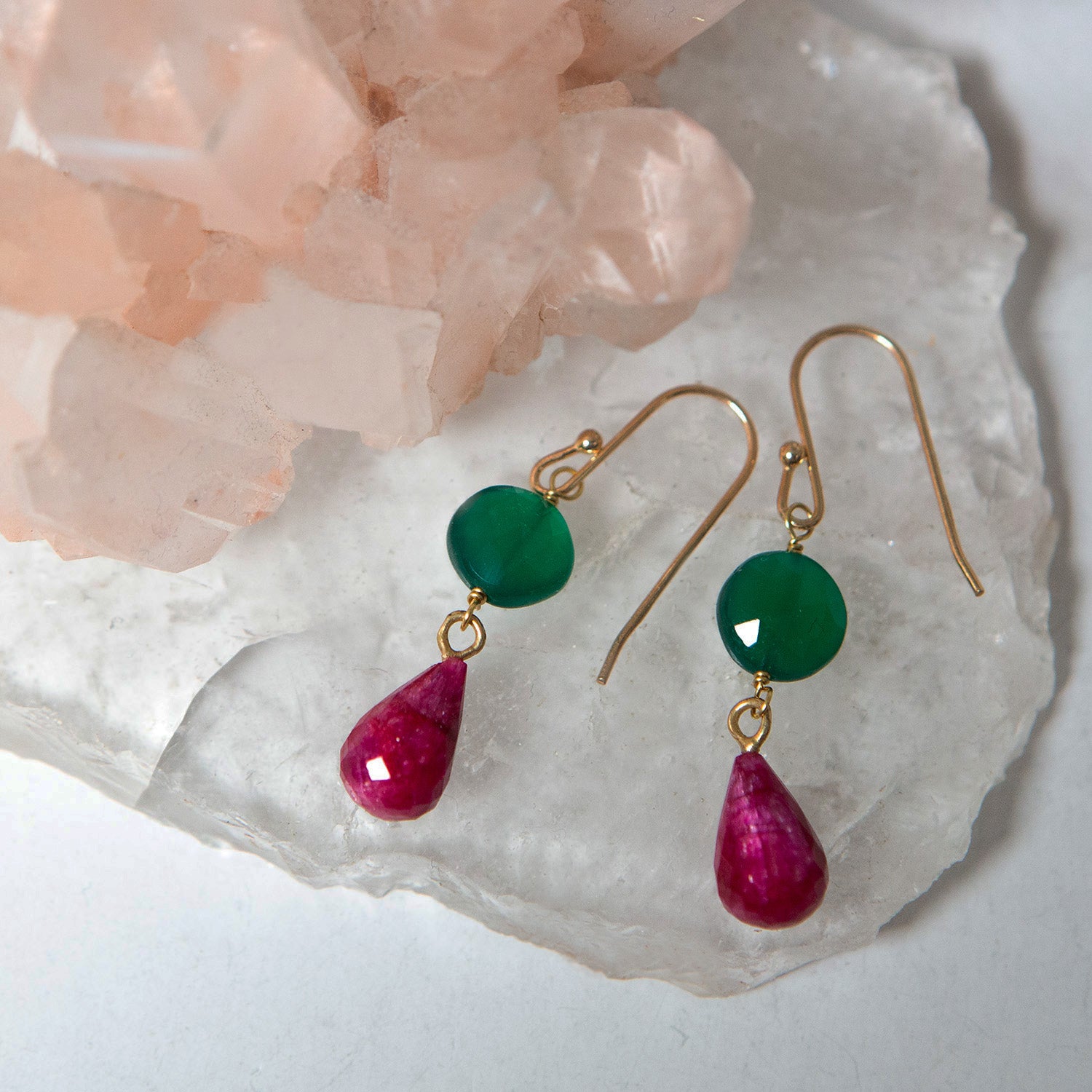 Limited Edition Green Onyx And Ruby Pear Earrings
