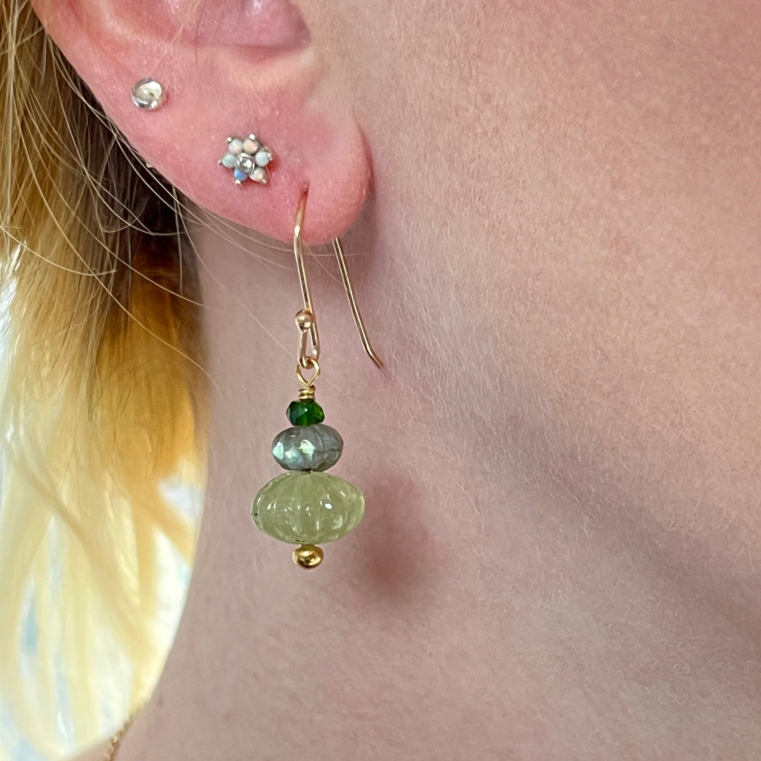 Earth Trio Earrings With Grossular Garnet , Labradorite & Green Diopside