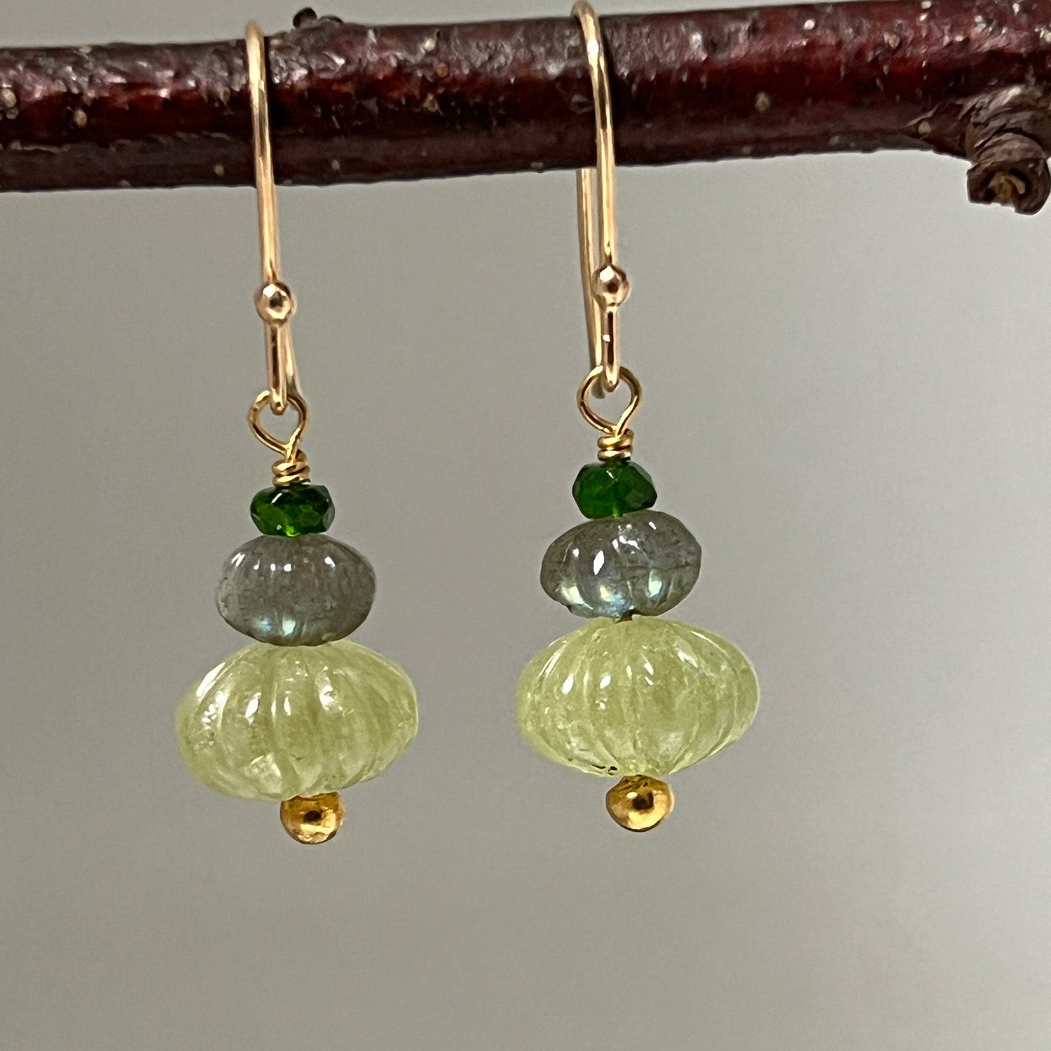Earth Trio Earrings With Grossular Garnet , Labradorite & Green Diopside