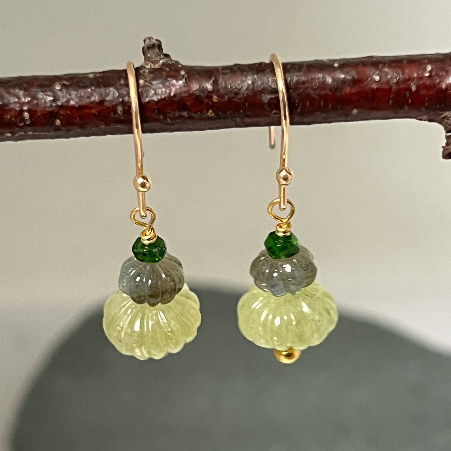 Earth Trio Earrings With Grossular Garnet , Labradorite & Green Diopside